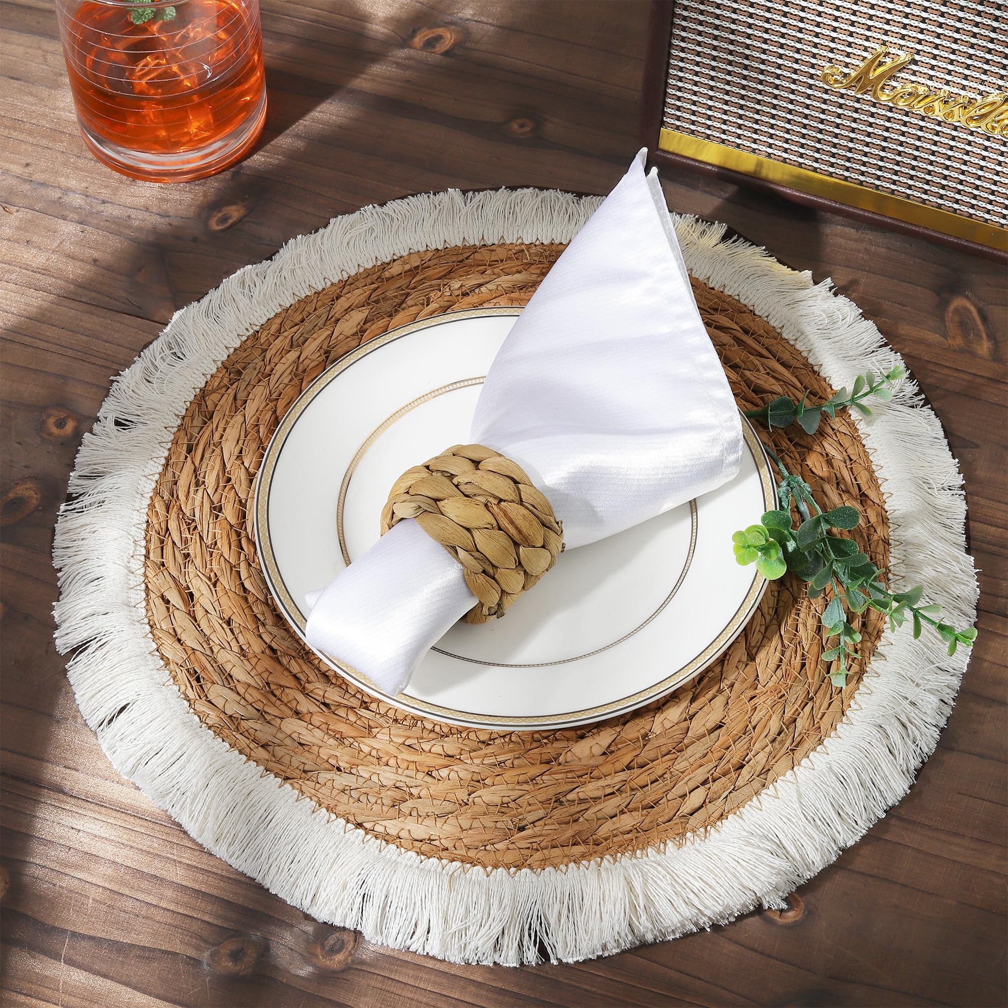 fanquare Bohemian Table Mats Set of 4 Rattan Braided Placemats and Napkin Rings Round Table Mats with Tassels Heat Resistant Washable Non-Slip Tablemats for Dining Kitchen Table Decoration 35cm - Image 3