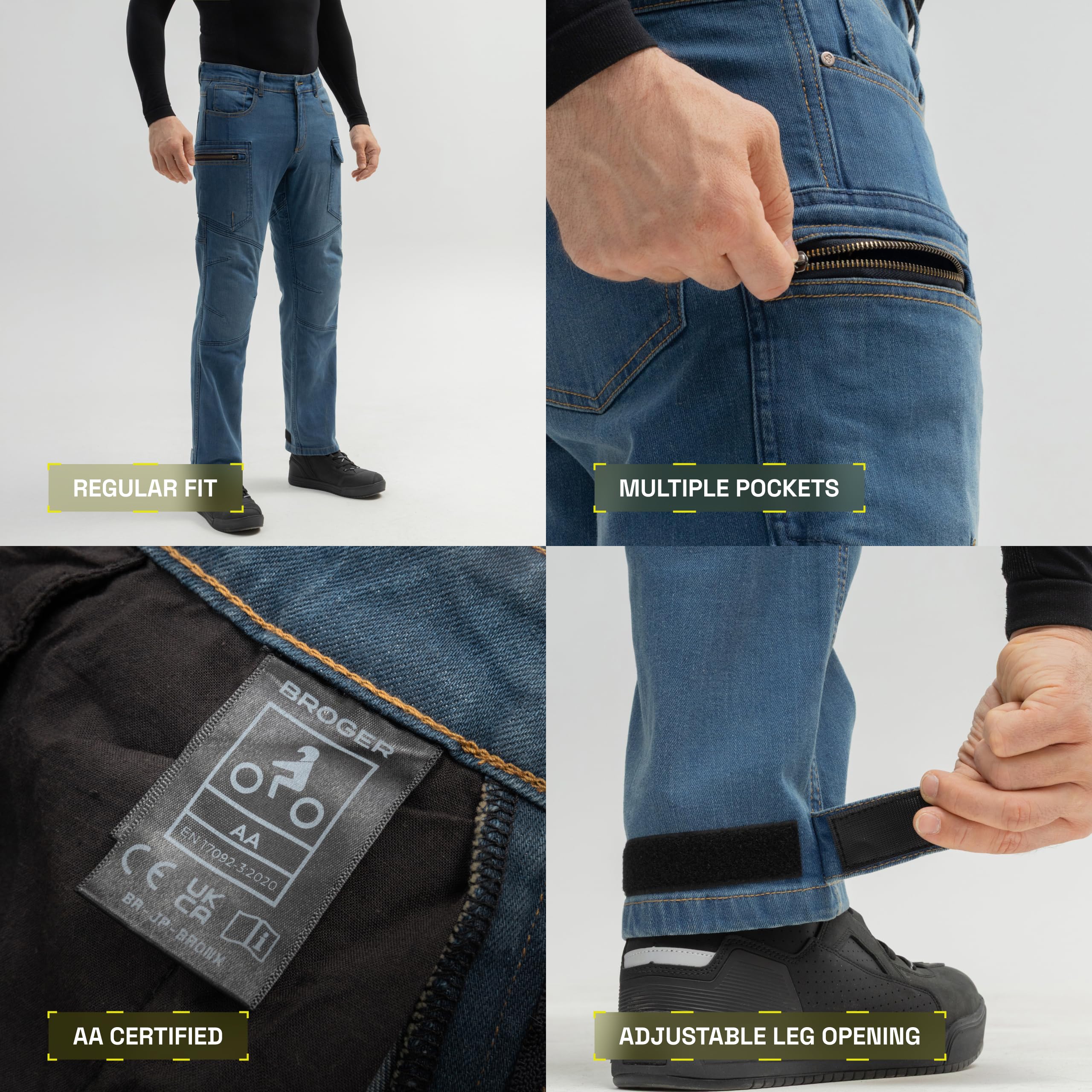 BROGER Bronx Vaqueros de Moto Pantalones de Moto Hombre | Denim | Forro de Fibra aramida | Protectores de Rodilla y Cadera de Nivel 1 | Bolsillos Cargo | Nivel de protección AA | Regular Fit
