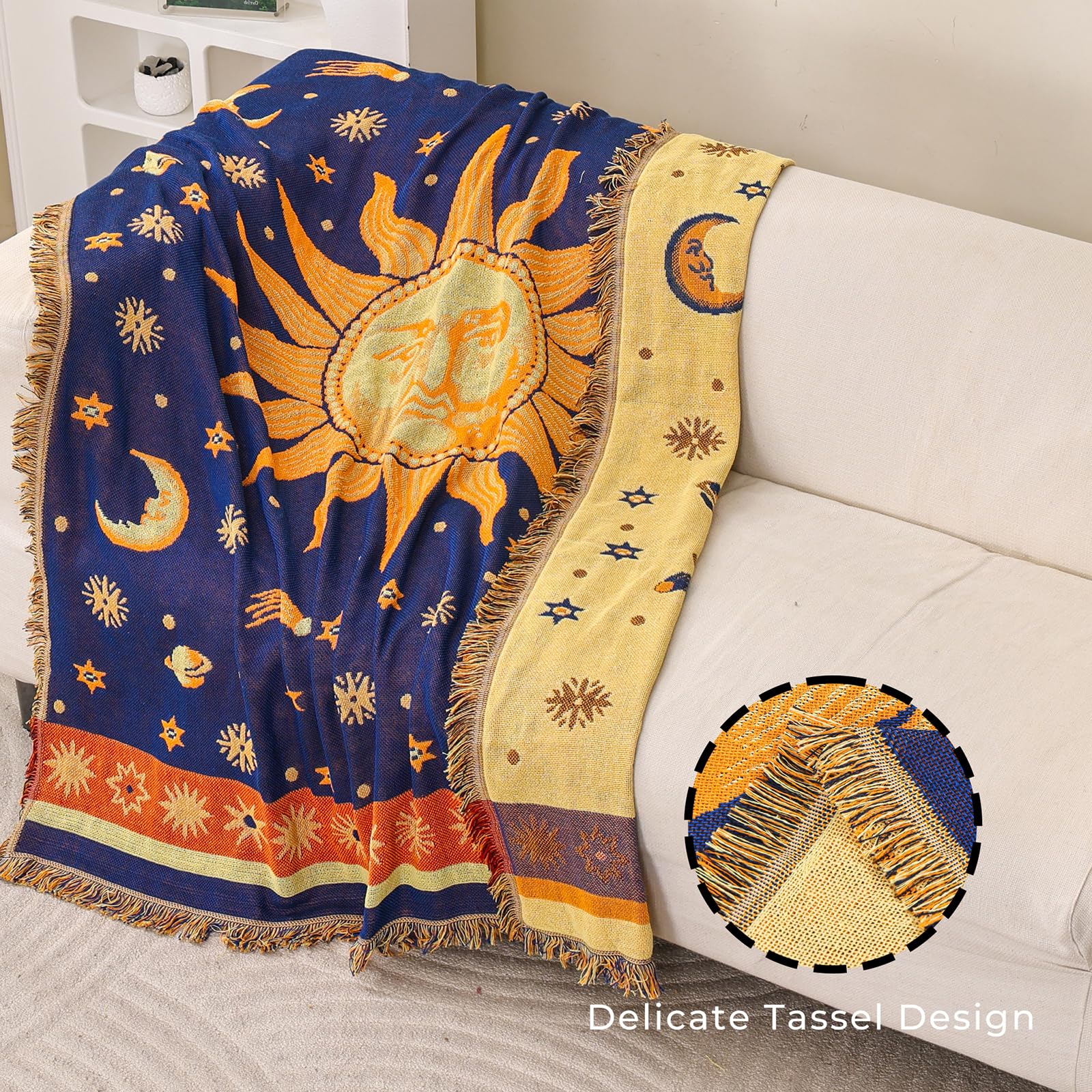 HOORDRY Grande coperta per divano, 180 x 230 cm, reversibile, motivo sole e luna, blu e giallo, in morbido misto cotone/poliestere, per divano a 3 posti, chaise longue, matrimoniale/king size