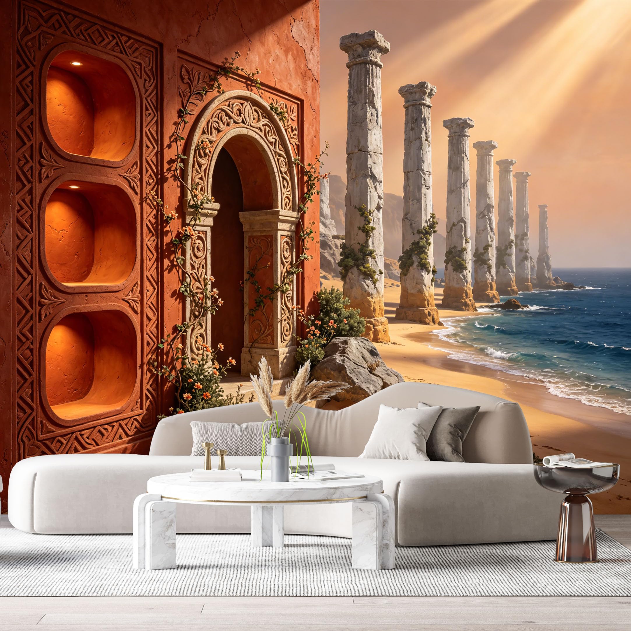 Custom Size Wall Murals Coastal Ruins Stone Columns Arched Niche Classical Architecture 3D Trompe L'Oeil SelfAdhesiveWall Fabric Removable Wallpaper Wall Decor for Living Room Bedroom