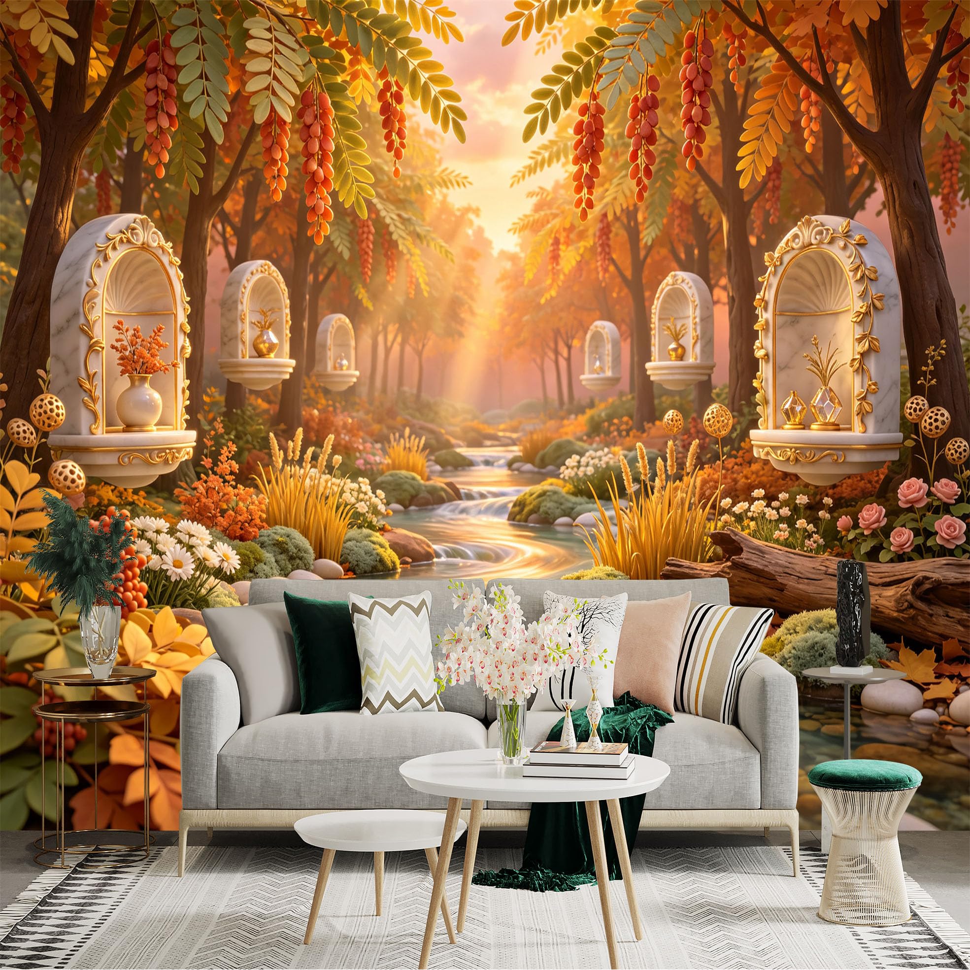 Lnzczhyre Bh260719021 Custom Size Wall Sticker Mural， Autumnal Enchanted Forest， Golden Sunlight By Peaceful Stream， Decorative Marble Alcoves With Vases， For Wall Decoration， Peelandstick Wall Decals.