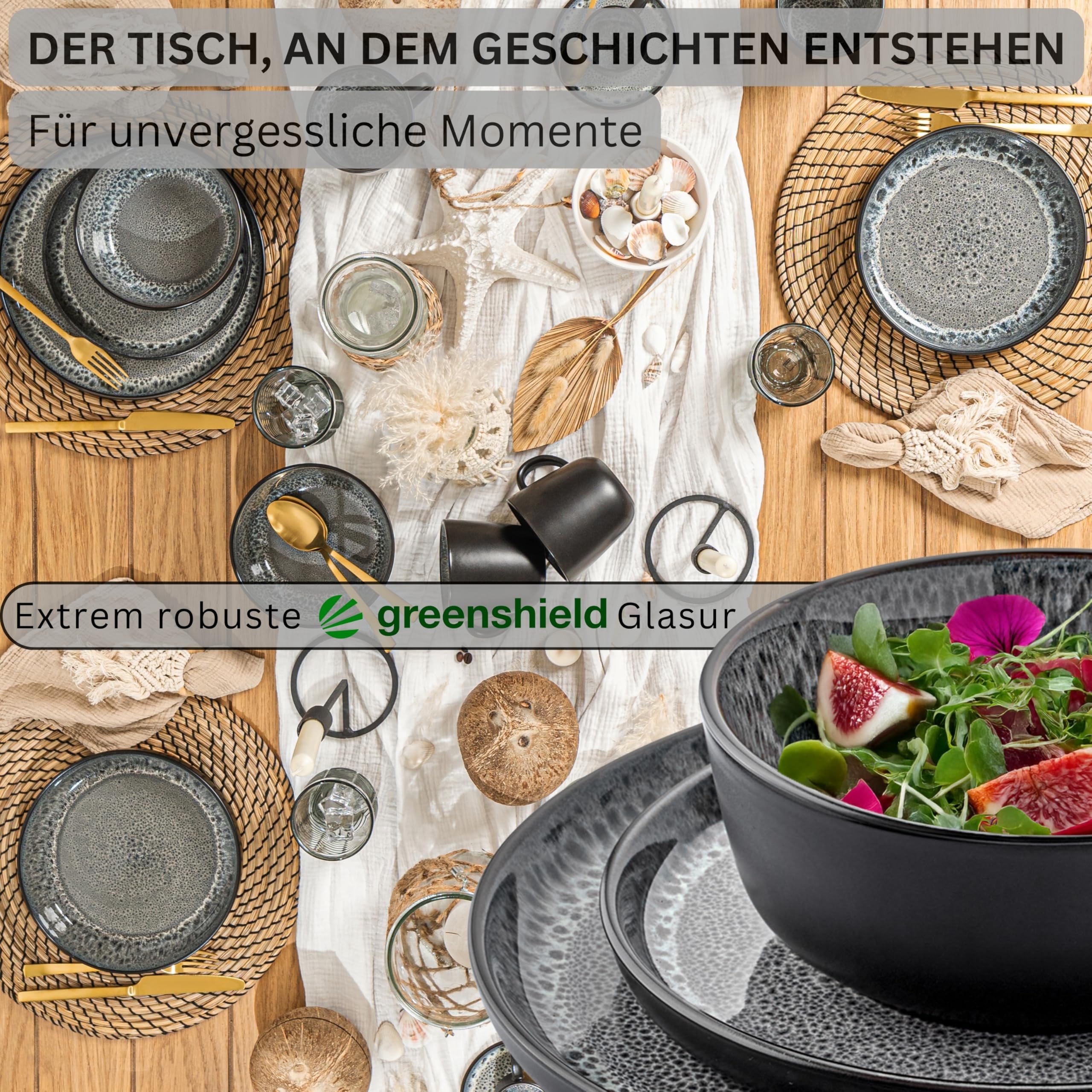 SÄNGER Sydney - Vajilla de loza para 6 personas, 6 platos planos, 6 cuencos para cereales, 6 platos de postre, juego de mesa gris oscuro resistente a los arañazos, value Collection