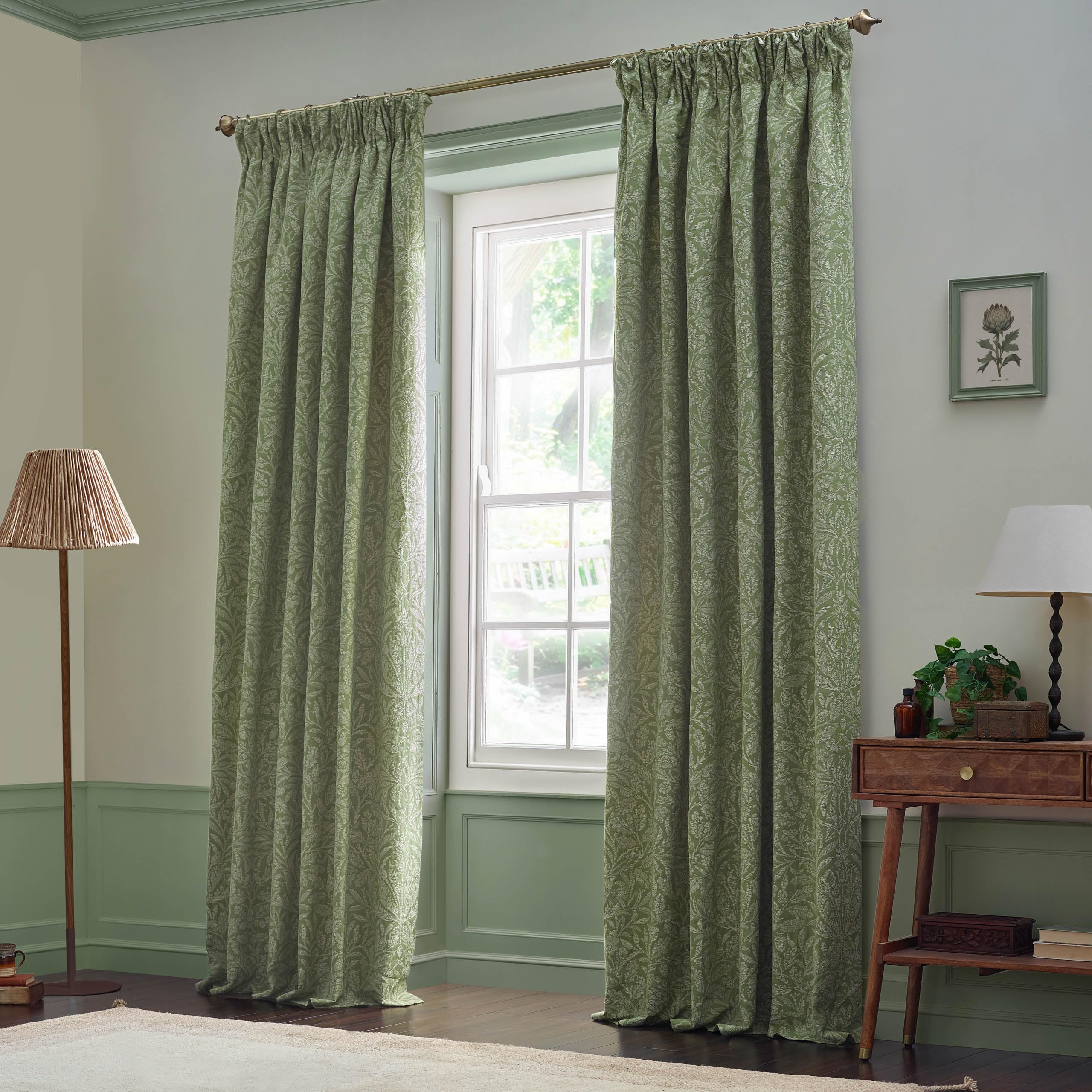 Morris & Co Green Acorn Tonal Matt Jacquard Room Darkening Pencil Pleat Curtains In | Size: 229Cm Width X 229Cm Drop