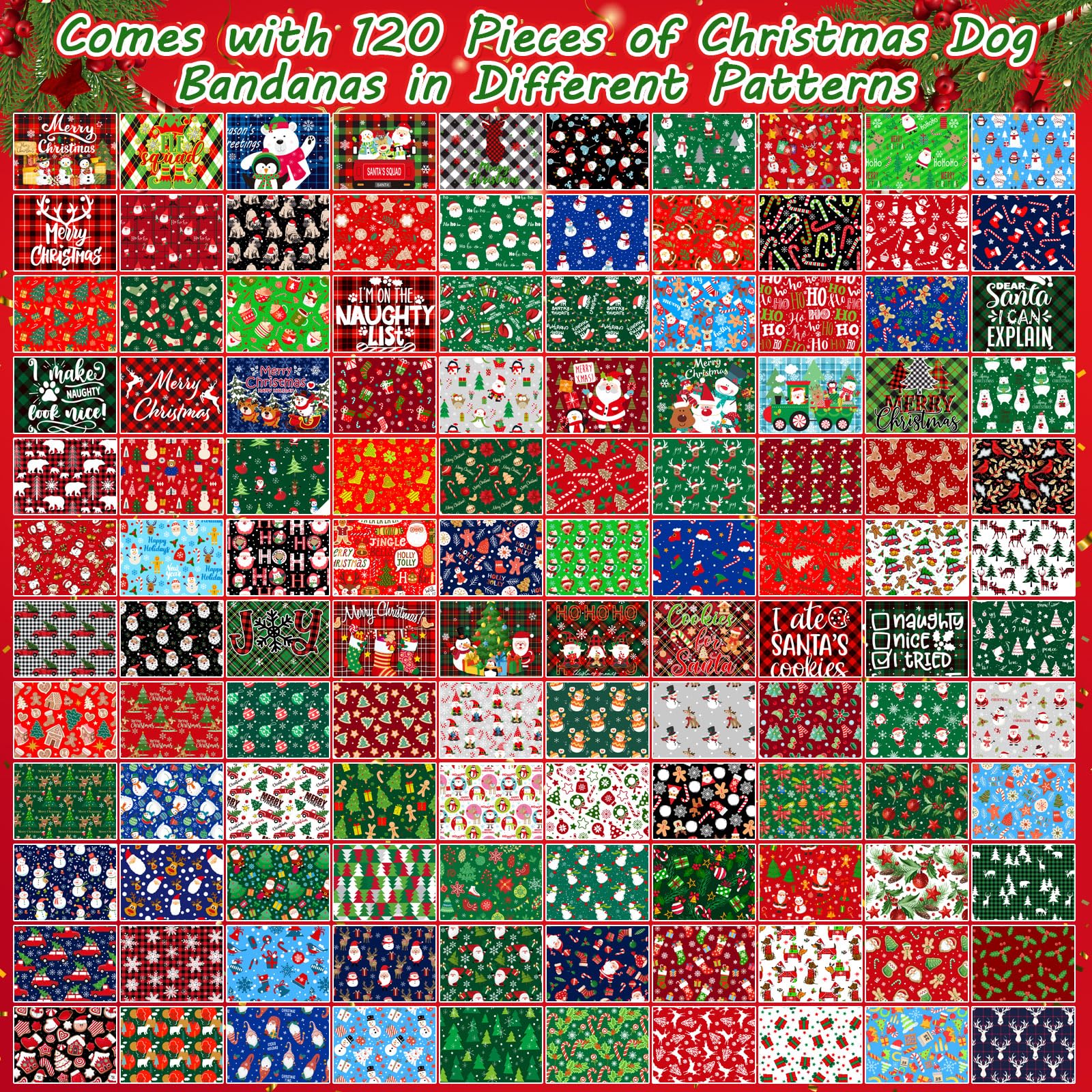 120 bandanas de Navidad para perros, bufandas triangulares ajustables para perros, baberos de Navidad, pañuelos para cachorros, pañuelos lavables para mascotas, bandana para fiestas de Navidad,