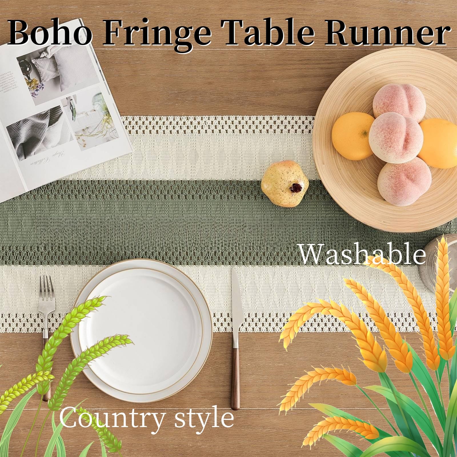 1 runner da tavolo alla moda, stile bohémien, stile rustico, in stile rustico, lavabile, decorazione da tavolo, per feste, compleanni, matrimoni (kaki 4, 30 x 350 cm)