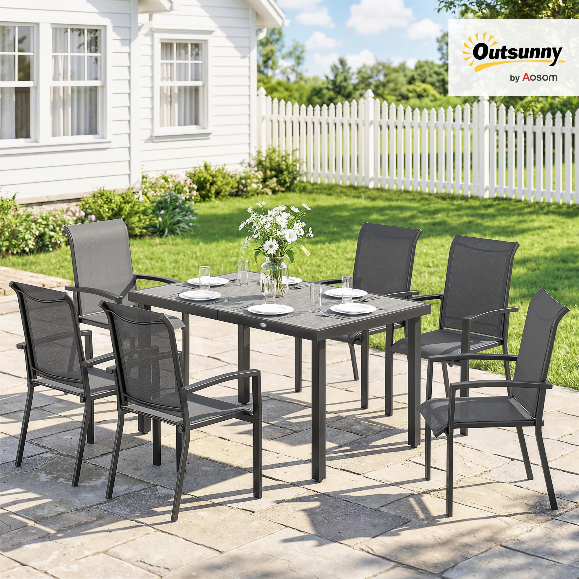 Outsunny Set Tavolo e Sedie da Giardino 7 Pezzi, Mobili da Esterno con Tavolo Rimovibile e 6 Sedie Impilabili in Texteline Grigio