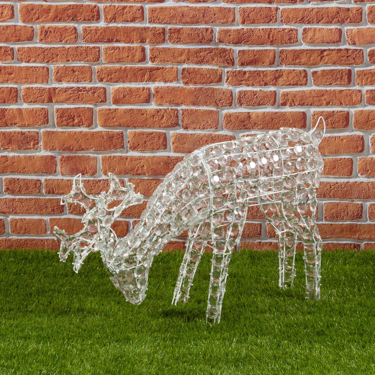 Renna con Cristalli Che bruca l'erba, h. 50 cm, 200 LED Bianco Freddo, soggetti Luminosi, Figure di Natale 3D, Decorazioni Natalizie