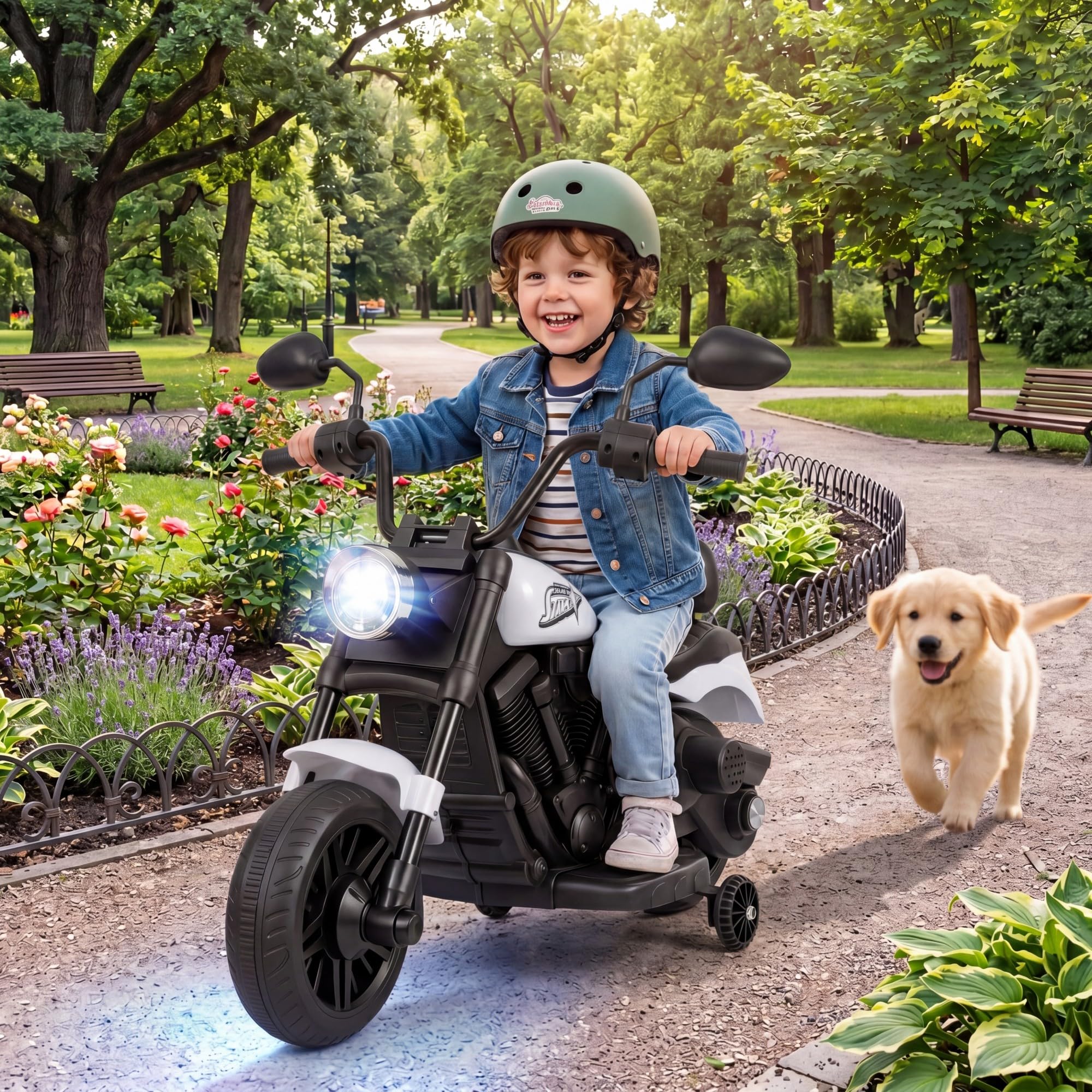 KOMFOTTEU Moto Eléctrica para Niños, Moto de Batería de 6 V con Faro, Música, 2 Ruedas de Entrenamiento y Pedal, Motocicleta Eléctrica con Arranque con un Botón para Niños de 3+ Años (Blanco)