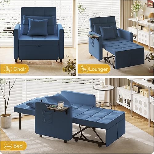 Vista 21 de Vabches Sofá cama 3 en 1 con mesa de ala y puertos USB, silla de terciopelo con respaldo ajustable, fácil montaje, azul