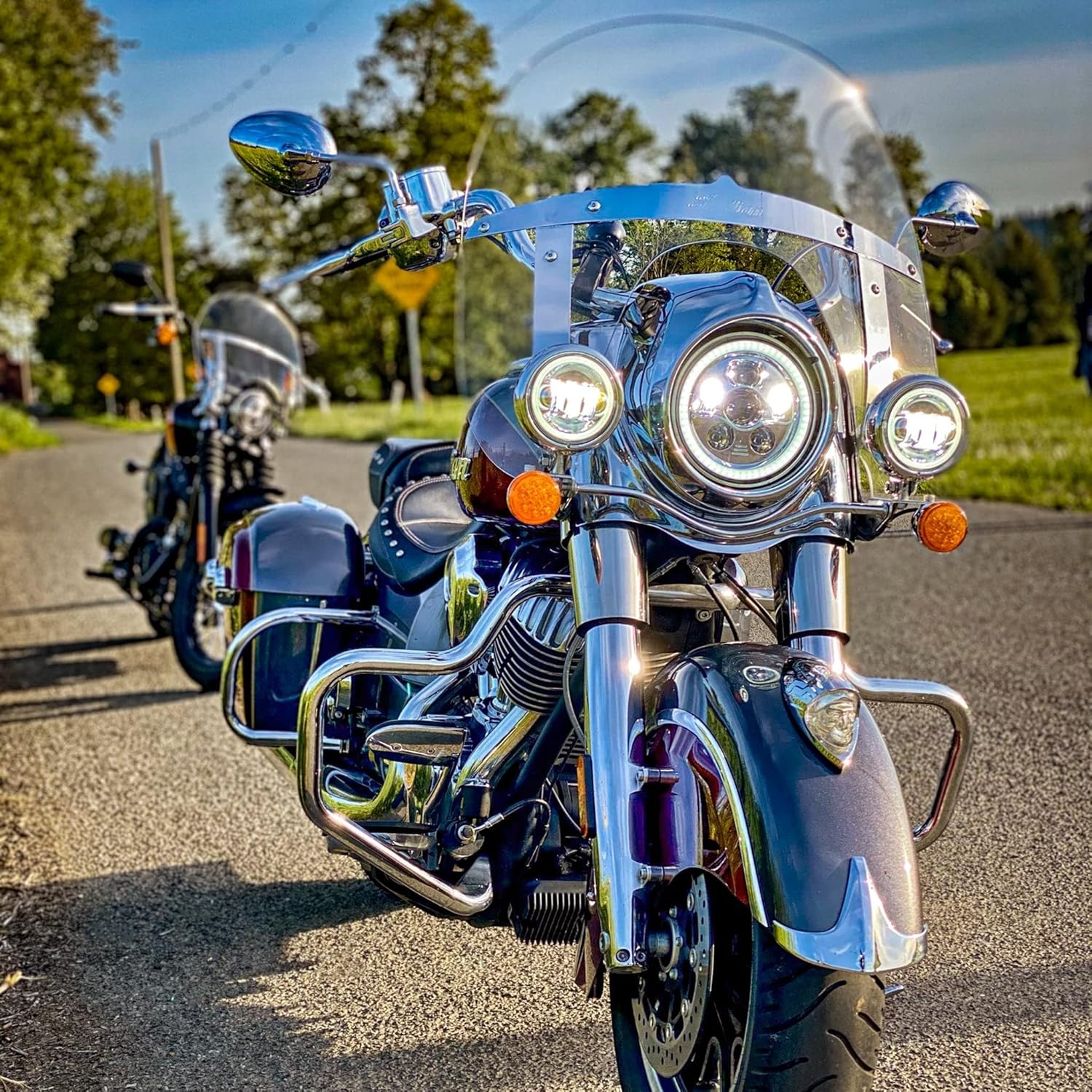 Eagle Lights 8700CG3HPK 7 Inch LED Headlight & 4.5 Inch Passing/Spot Lamp Kit with White Halo Rings Compatible With Harley Davidson® & Indian® Motorcycles - Generation III/Chrome