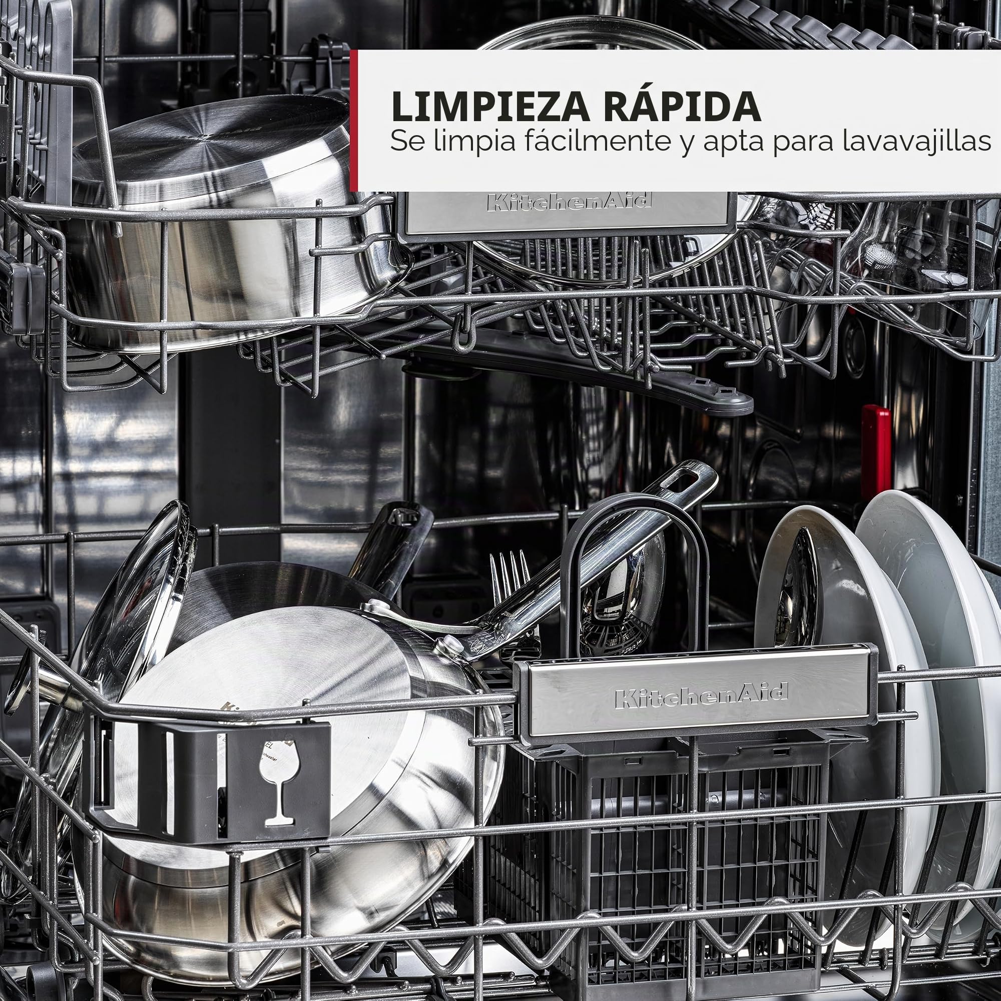 KitchenAid Stainless Steel Batería de Cocina Antiadherente de Acero Inoxidable con Tapa, Apto para Todo Tipo de Cocinas, Inducción, Horno y Lavavajillas, 20/24 cm + Cazo 16 cm/1,5L, 5 piezas