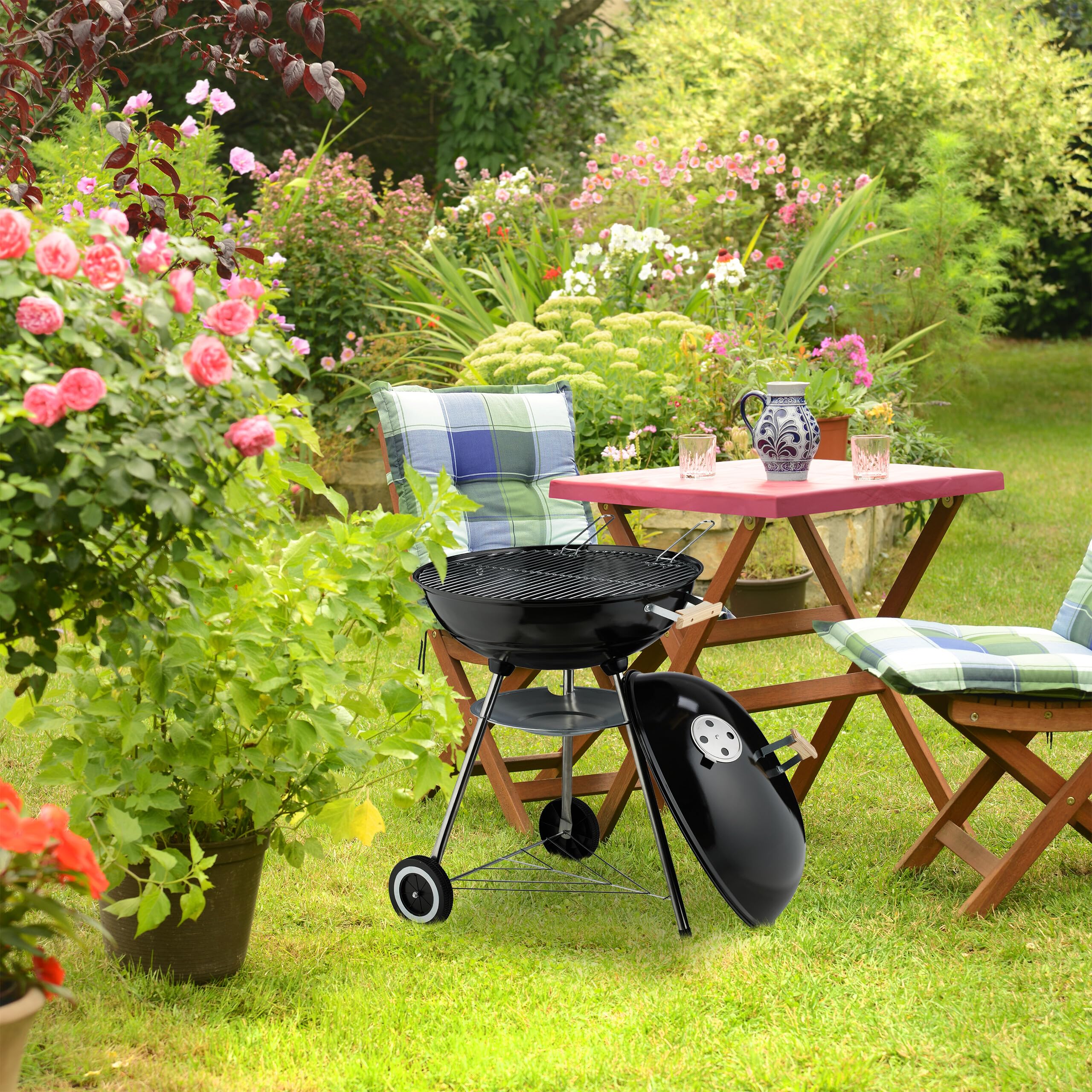 Relaxdays grill kulisty, Ø 54 cm, grill zewnętrzny z kółkami, łapacz popiołu, kratka wentylacyjna, grill na węgiel drzewny, czarny