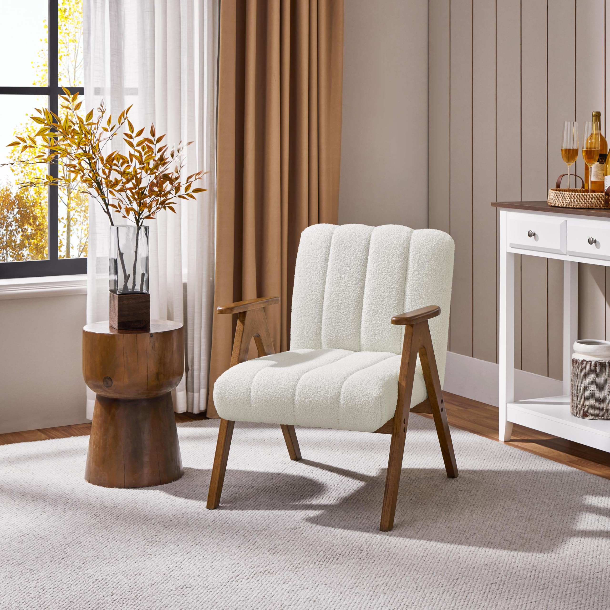 Yaheetech Fauteuil de Salon Scandinave en Tissu Bouclette Fauteuil Lecture avec Accoudoirs Chaise Coiffeuse Pieds en Bois Massif Assise Large Dossier Ergonomique pour Salon Chambre Bureau Blanc
