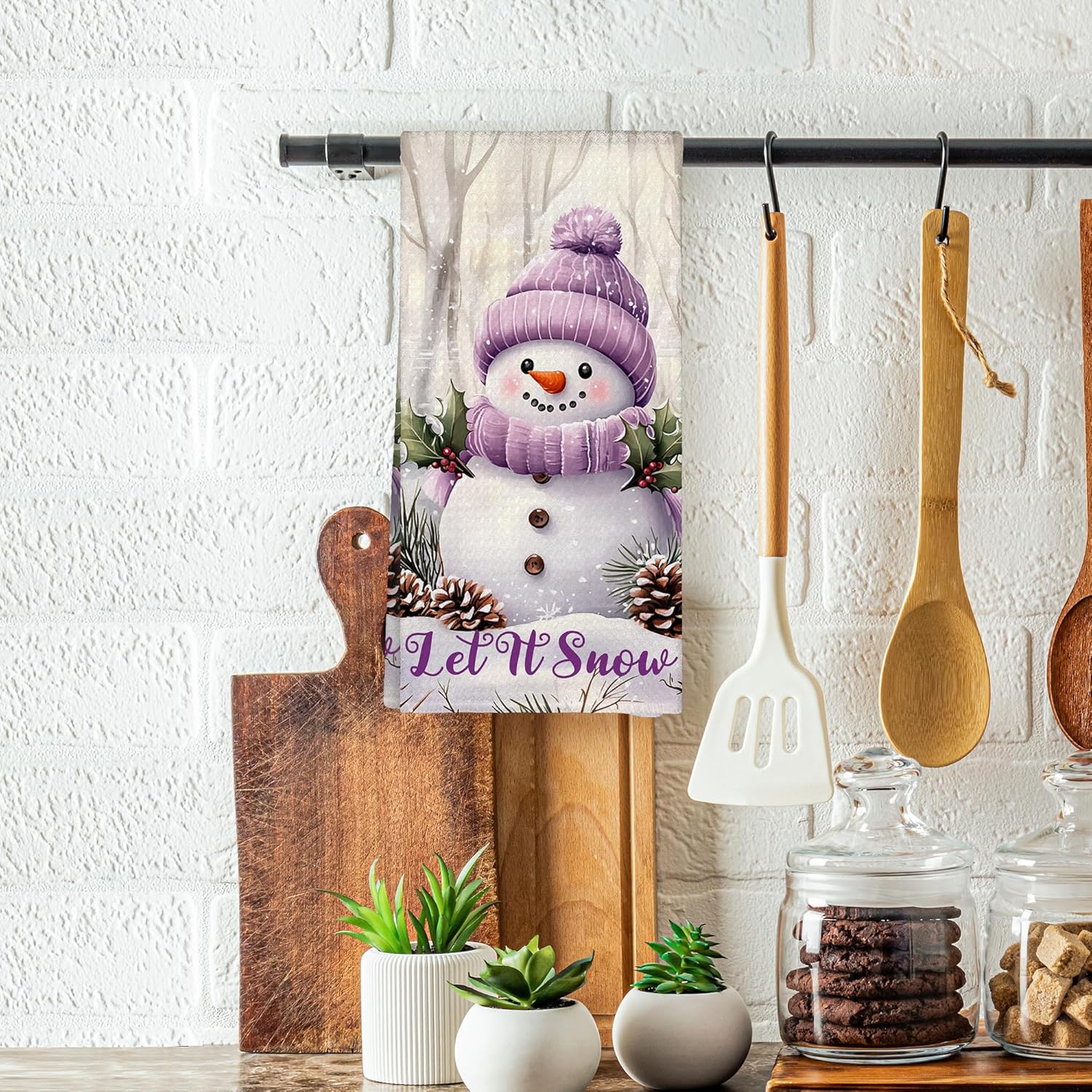 Purple Winter Snowman Christmas Kitchen Towels, Farmhouse Cute Snow Gifts Hand Towels for Women Holiday, Rustic Xmas Decorative Hand Dish Towels for Bathroom Decor 16x24 Inch - Image 2