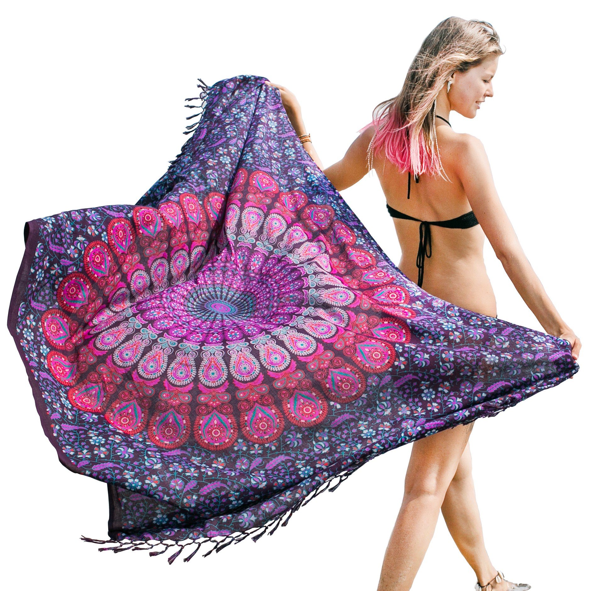 Mandala Life ART Blauer Women's Sarong Pareo with Fringe Rayon/Cotton Large Beach Towel Wrap Skirt Beach Skirt Tapestry Wrap Bikini Cover Up Cloth for Swimsuit