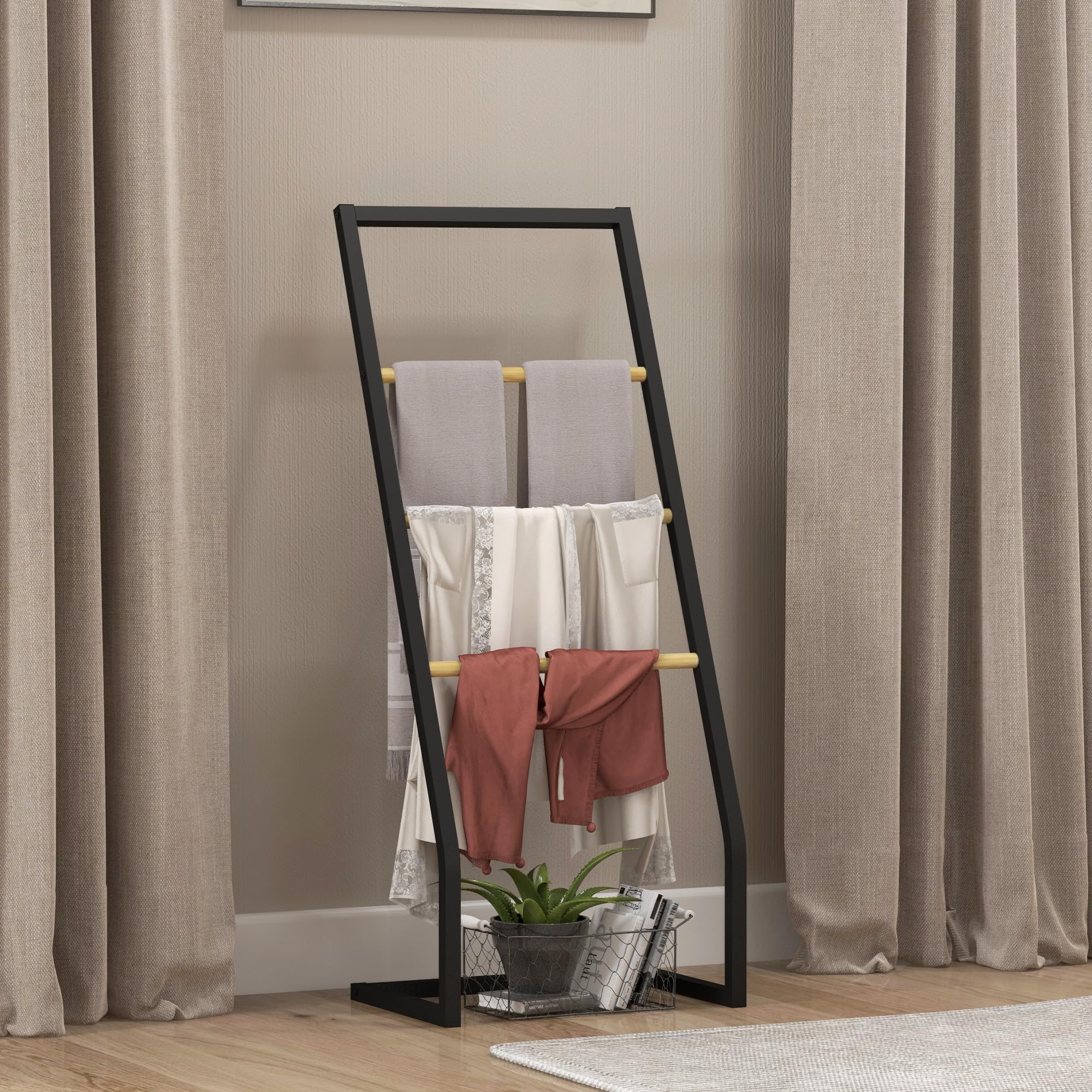 HOMCOM Toallero de Pie Toallero para Baño con 4 Barras de Bambú y Acero para Lavadero 40,5x28x98 cm Negro y Natural