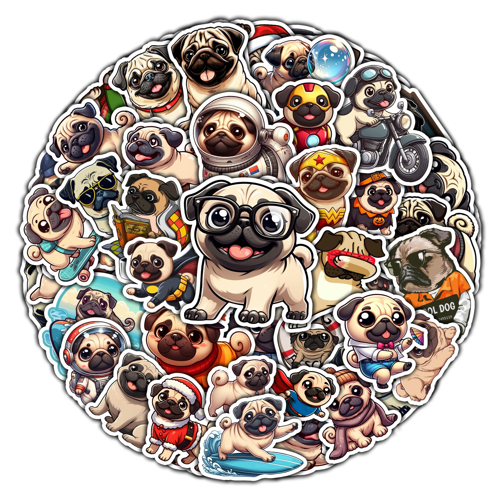 BIGZORO Pack 50 PCS Pug Stickers Cute Cartoon Kawaii Dog Waterproof Vinyl Decals Funny Pet Puppy Decorative Patches Laptop Bumper Water Bottles