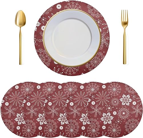 Miniatura 5 de Juego de 6 manteles individuales redondos, manteles individuales de copos de nieve dorados de Navidad, resistentes al calor, para mesa de comedor,