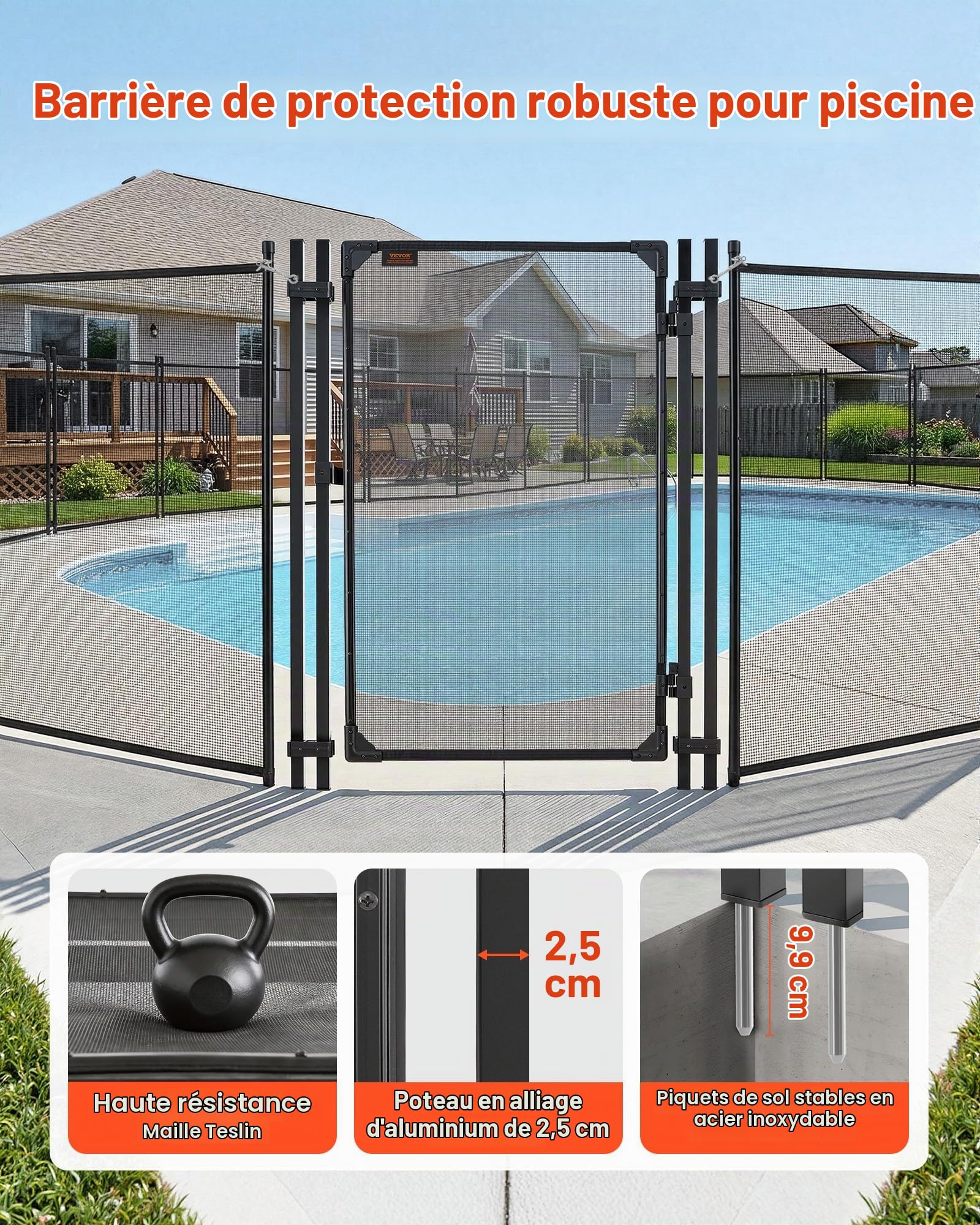 VEVOR Portillon de Barrière Piscine 1,2x0,75 m, Portillon de Sécurité pour Piscine Enterrée et Clôture Extérieure, Kit avec Loquet Métallique et Butée, Maille Teslin PVC 352 g/m², Tube Carré, Noir