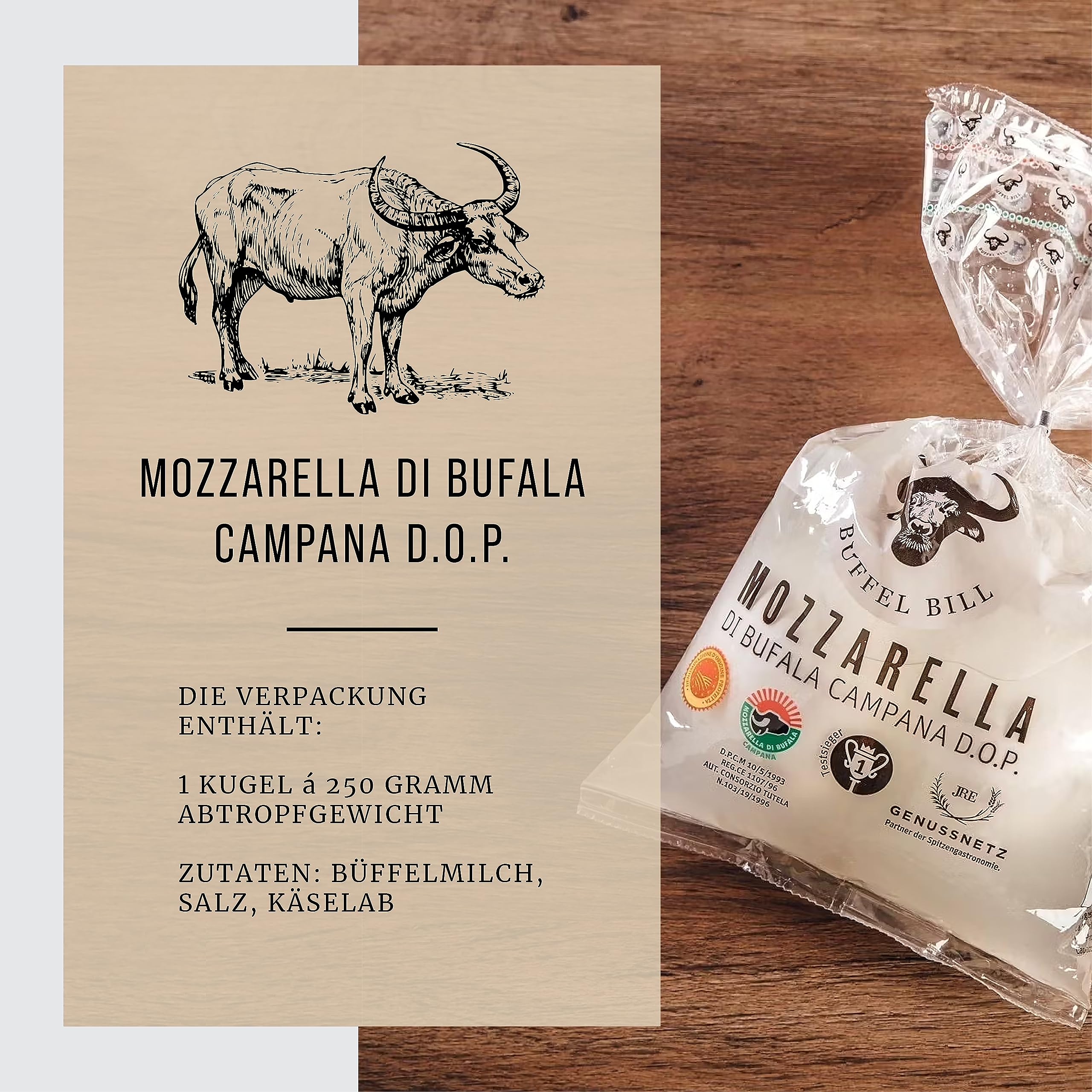 BÜFFEL BILL Mozzarella di Bufala Campana D.O.P. I 4x250g Kugeln I Cremig-weicher saftiger Mozzarella aus italienischer Büffelmilch I Geschmacksintensiv