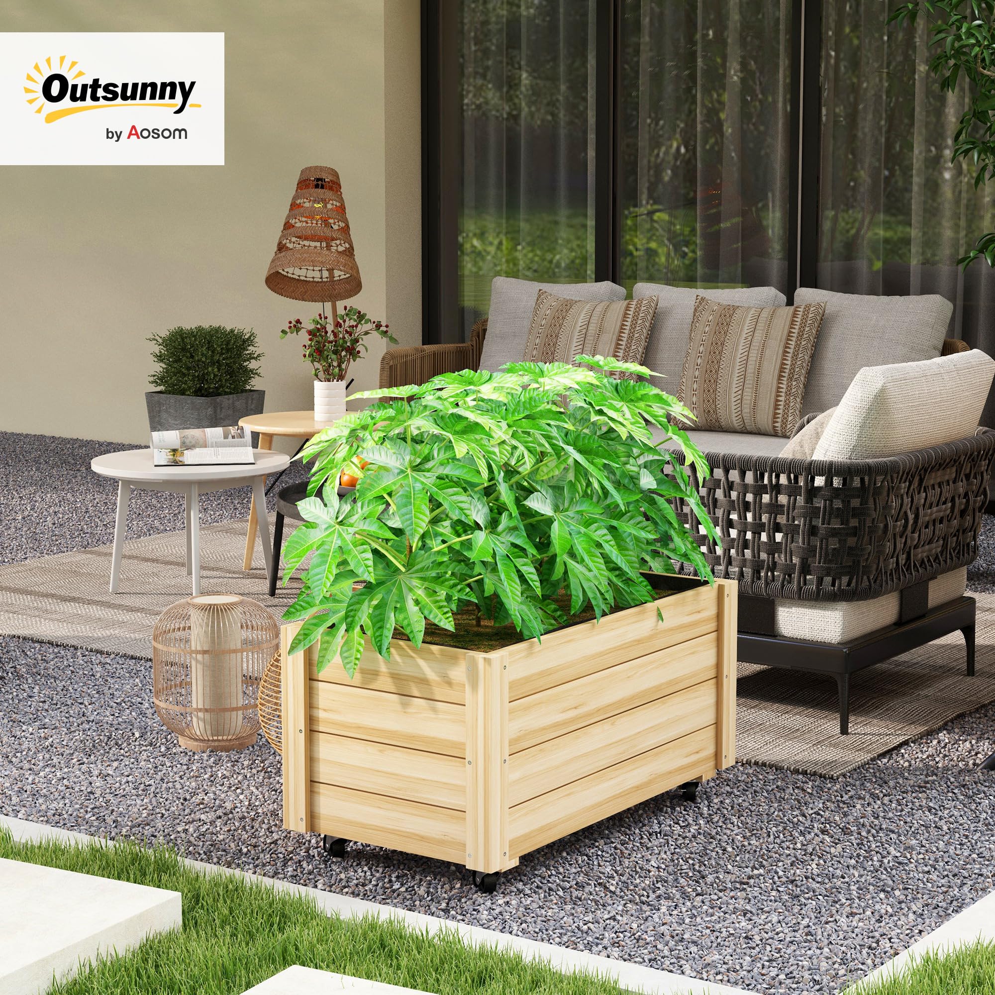 Outsunny Jardinera de Madera con Ruedas Huerto Urbano Madera Jardinera Rectangular con Orificios de Drenaje y Tela no Tejida para Cultivo Flores Plantas en Jardín Balcón Terraza 89x48x47 cm Natural