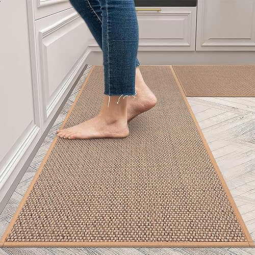 KIMODE Alfombras y tapetes de cocina, 2 unidades, lavables, para piso, con parte trasera de goma antideslizante, juego de alfombras de pasillo beige
