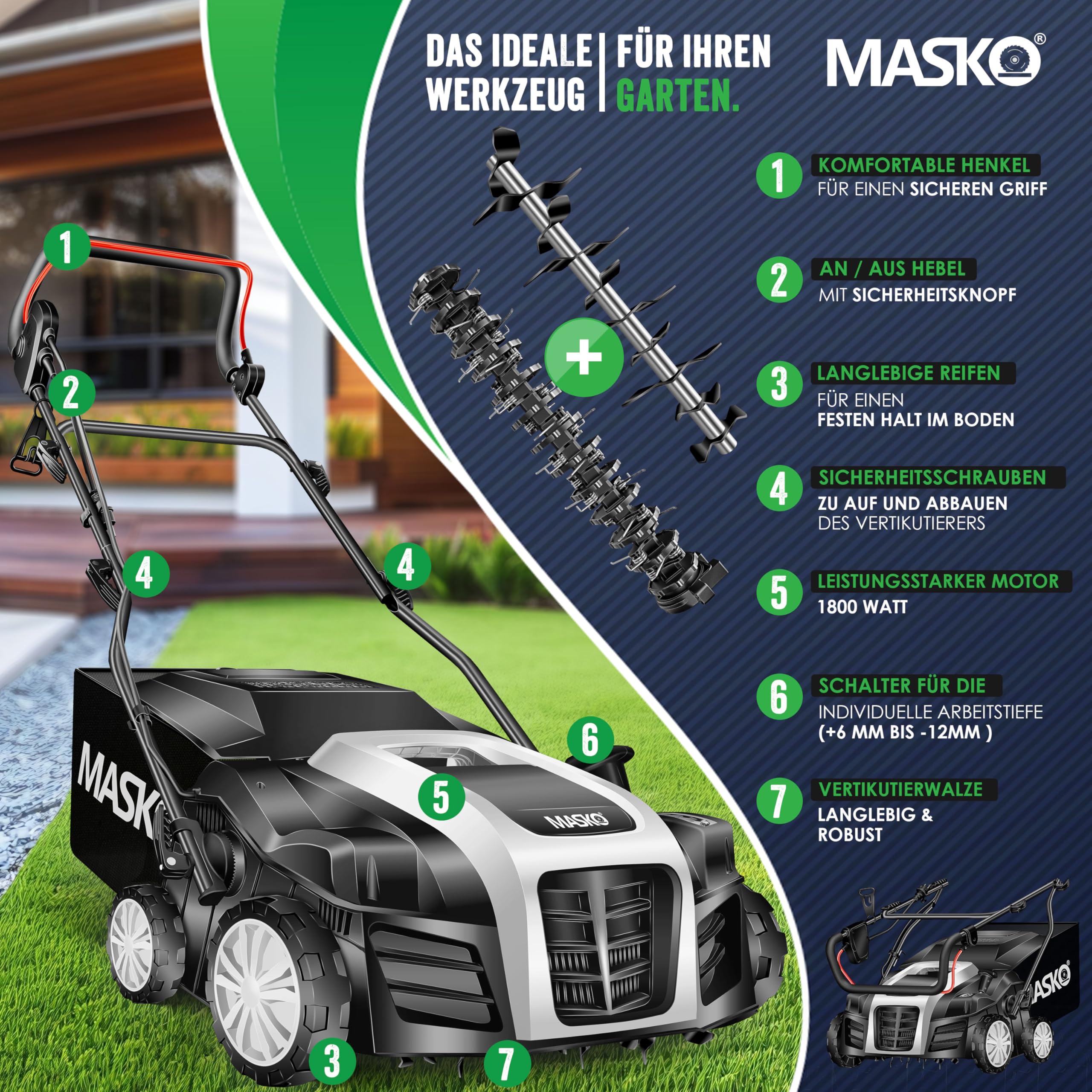 MASKO® Escarificador eléctrico 2 en 1, aireador de césped 1800W, 40 cm de ancho de trabajo, cesta de recogida de 55 l, eliminador de musgo, profundidad de trabajo ajustable en 5 etapas, negro