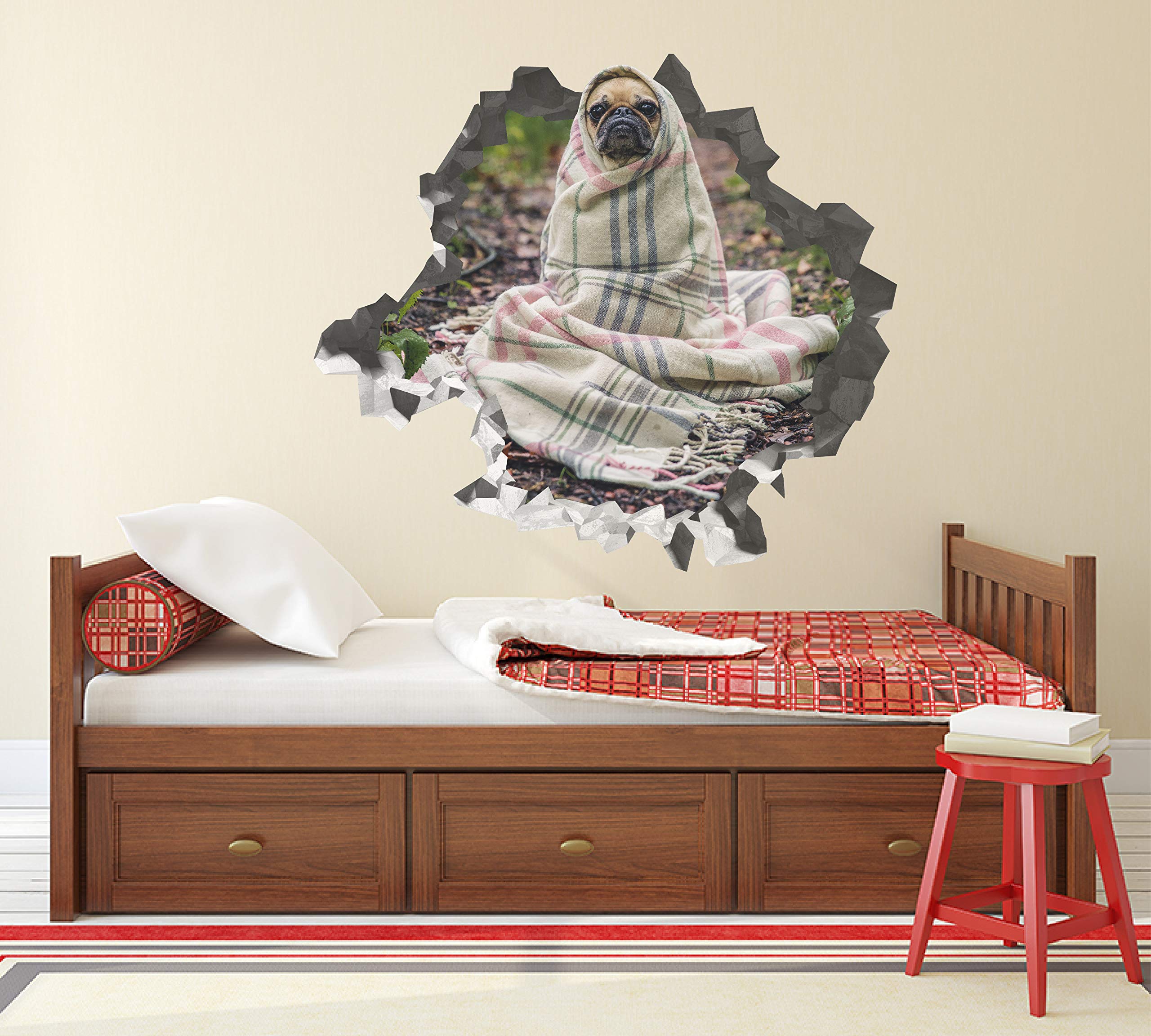 Cachorro Pug Arropadito Pegatina - Calcomania Animales - Decoración de Cuartos Niños - Sticker de Cachorro - Decoración Infantil - JS359 (Gigante: 127 cm x 117 cm)
