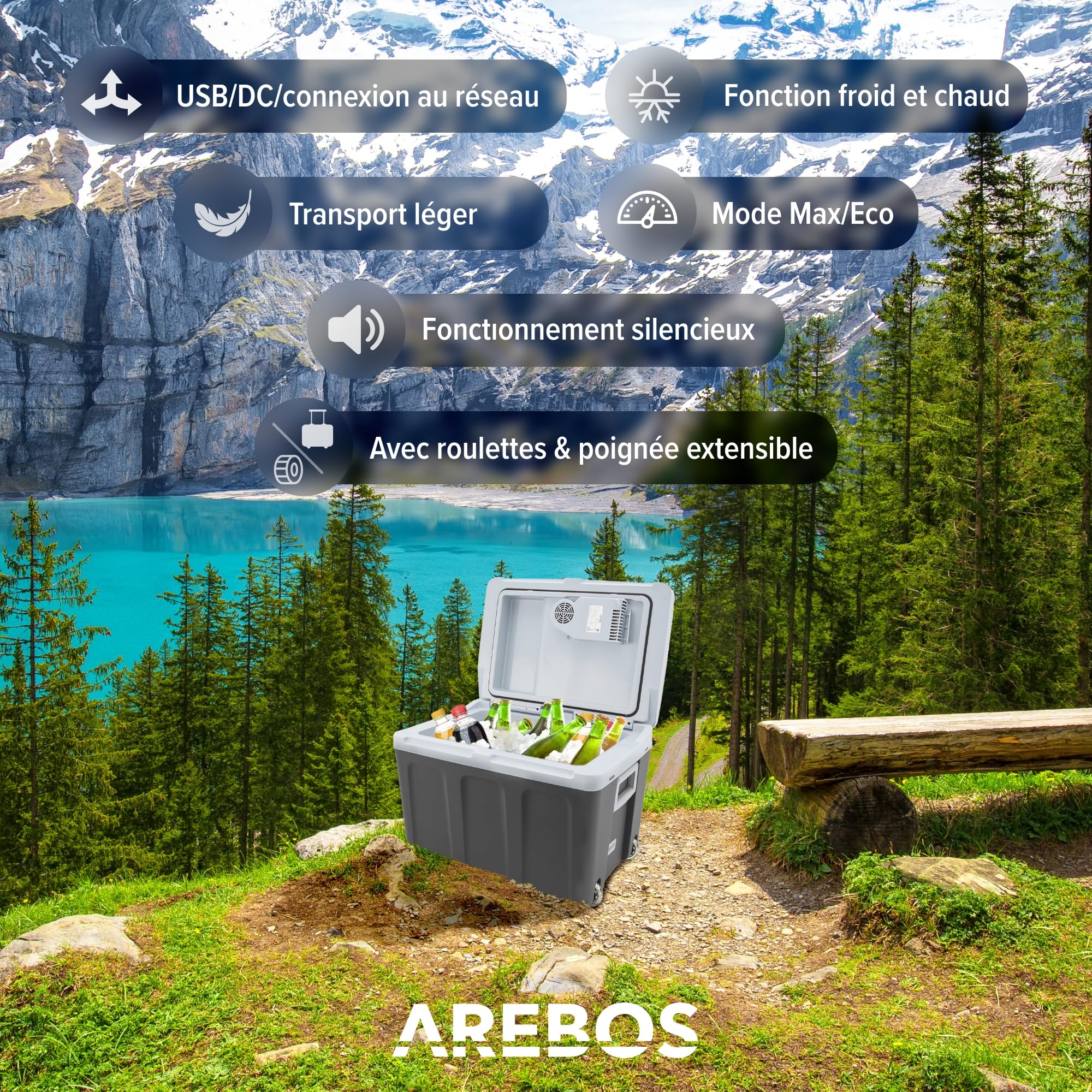 Arebos Glacière 40 litres | pour Refroidir & Maintenir au Chaud | Mini réfrigérateur | Réfrigérateur Mobile avec Mode ECO | 12/230 V pour Voiture & Prise de Courant | Glacière électrique