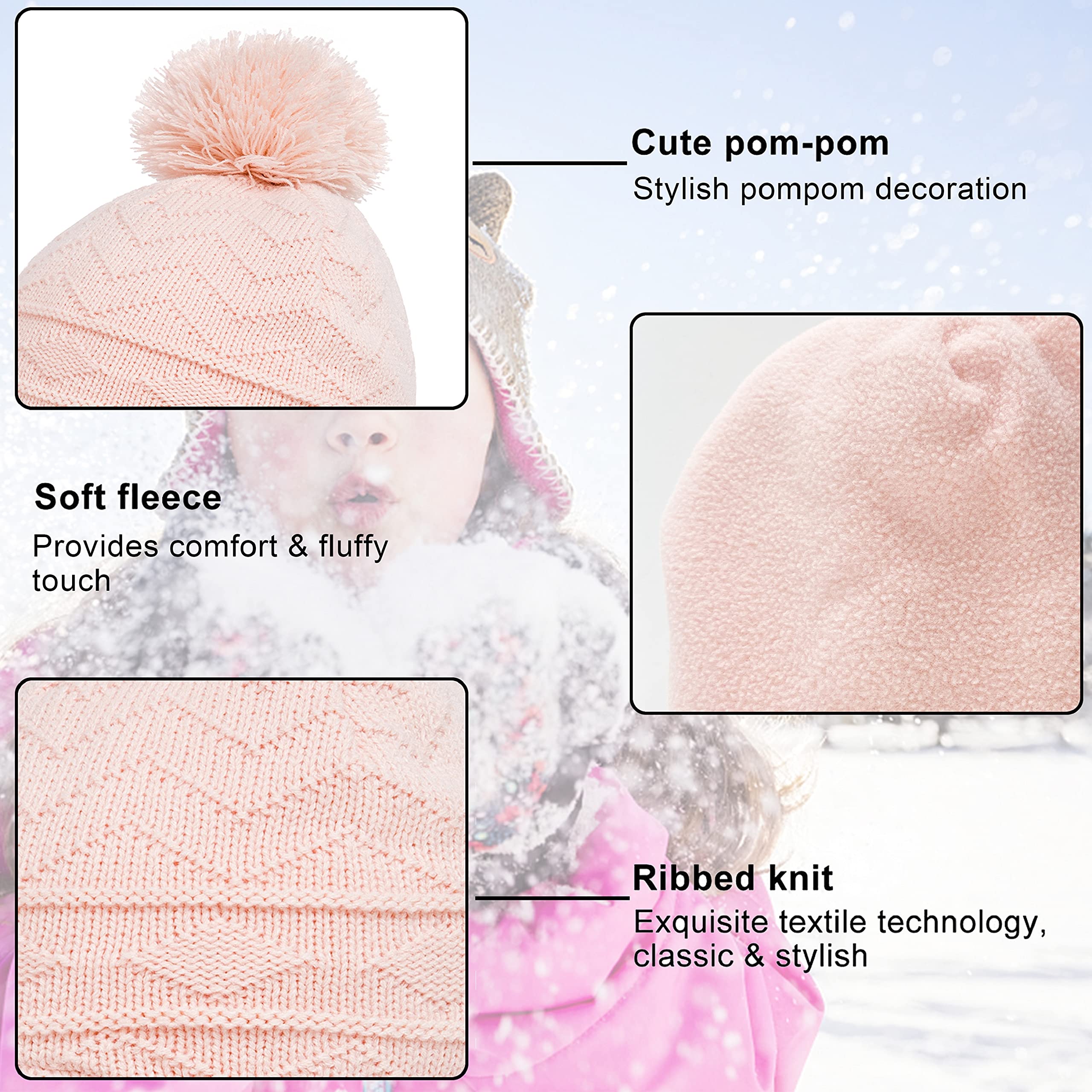 CheChury Winter Mütze Schal Handschuh Sets Mädchen Strickmütze Warme Babymütze Jungen Wintermütze Fleece Winterschal Elastische Beanie Ohrenschützer Hut und Schal Kinder 1-6 Jahre