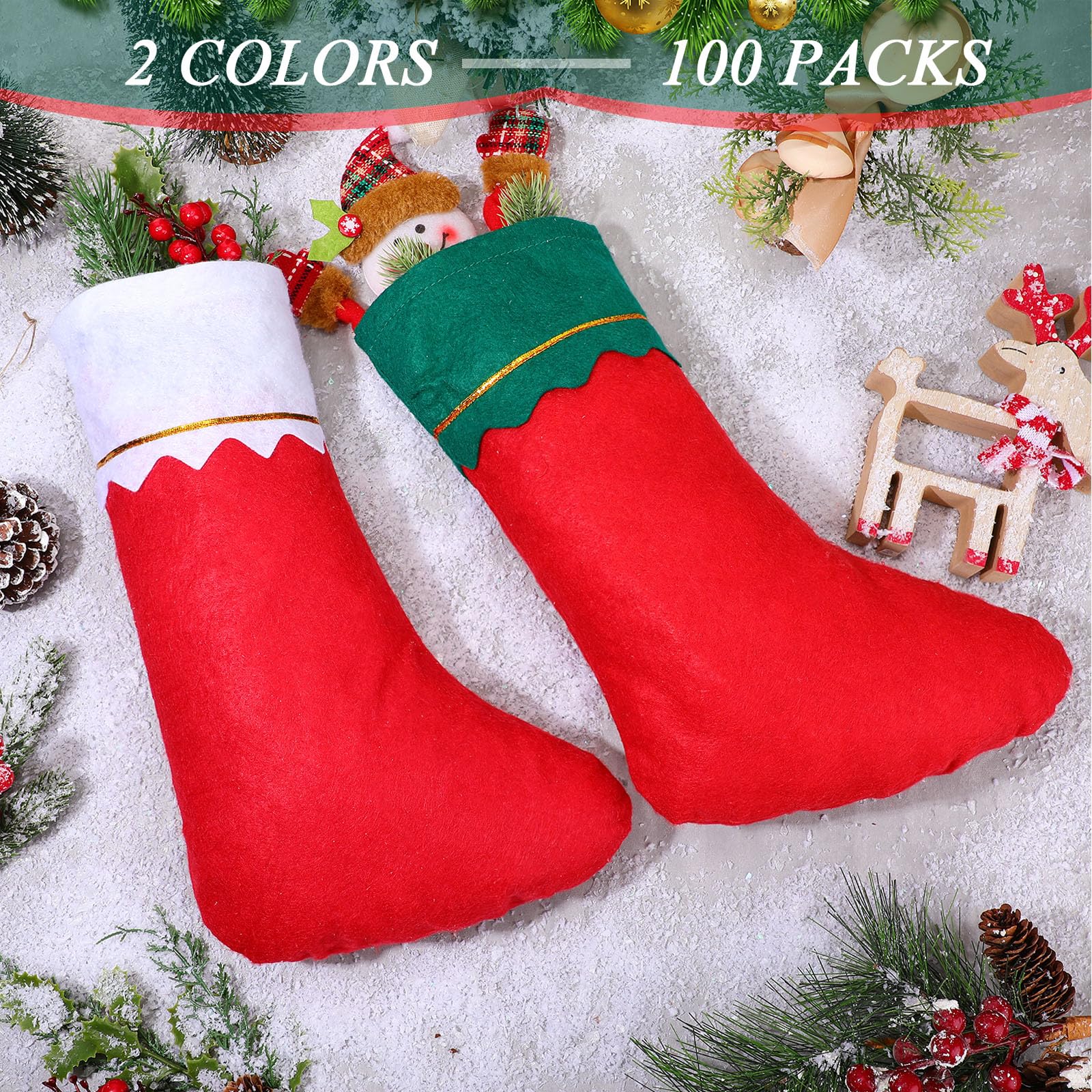 Sumind Lot de 100 chaussettes de Noël en feutre de 38,1 cm pour décoration de Noël (rouge avec bordure blanche, rouge avec bordure verte)