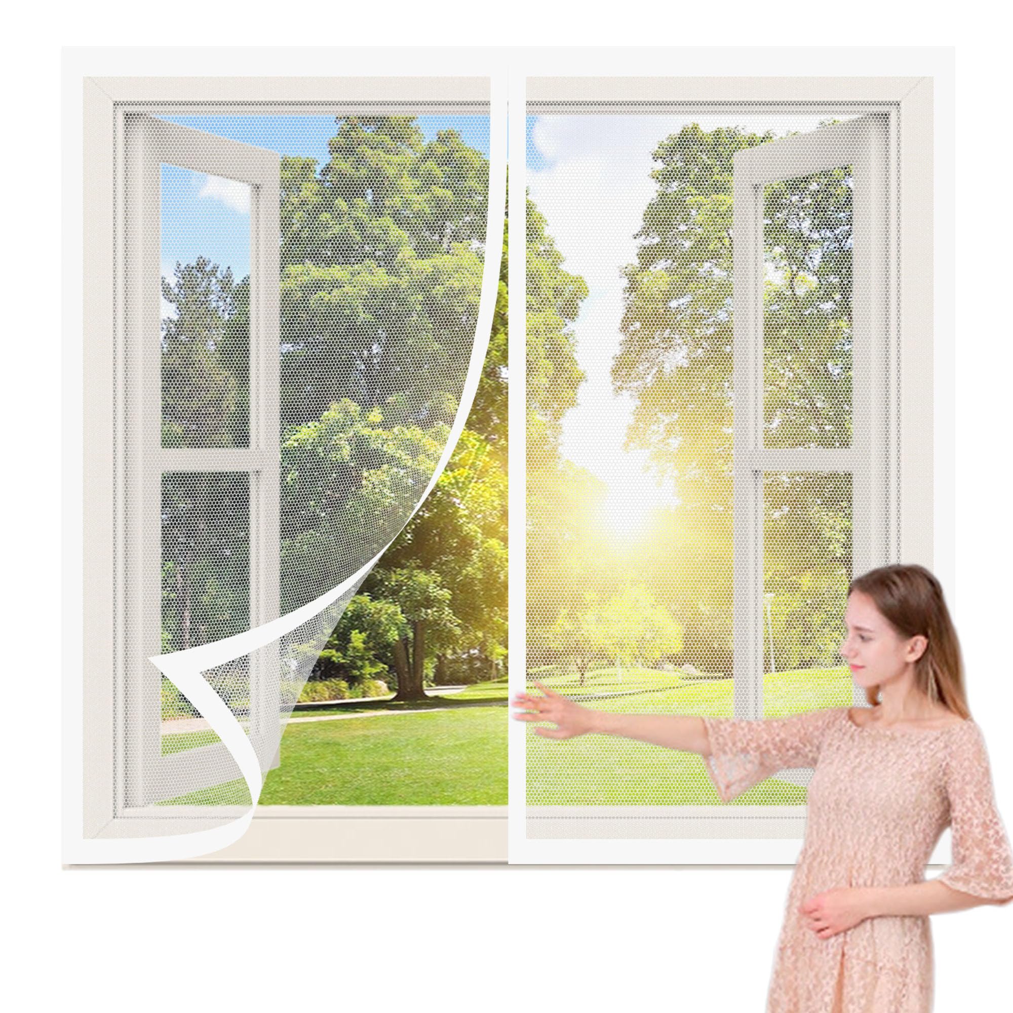 Wruijio White Diy Fly Screen Windows 145 X 165 Cm Selfadhesive Tape Window Mesh Insect Screen For Windows Custom Size For Window, Bedroom, Living Room, Kitchen Patio,