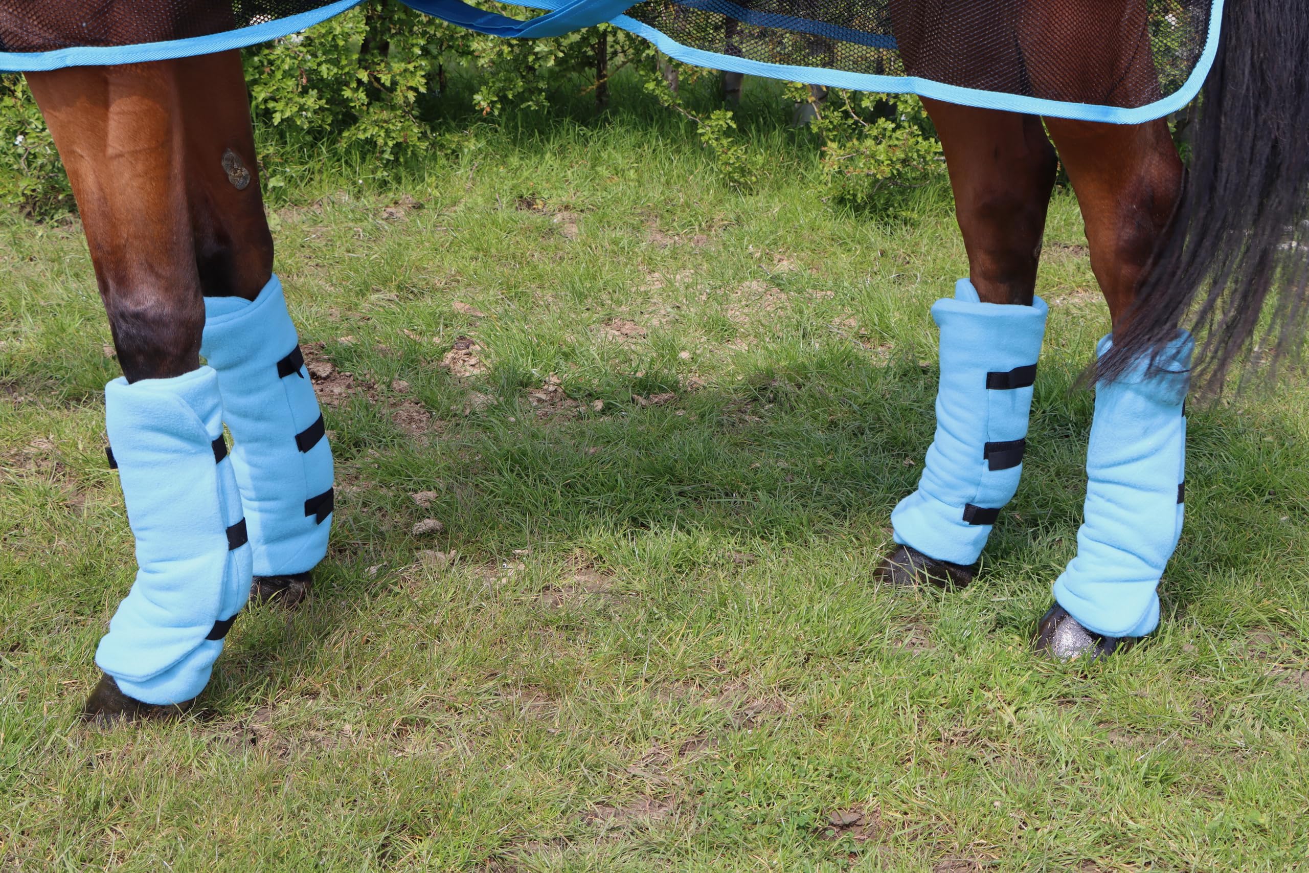 Ruggles Fleece Leg Wraps for Horses and Ponies | Ideal for Travel Stable or after Bathing/Wash Down | Set of 4 (Sky Blue, Pony)