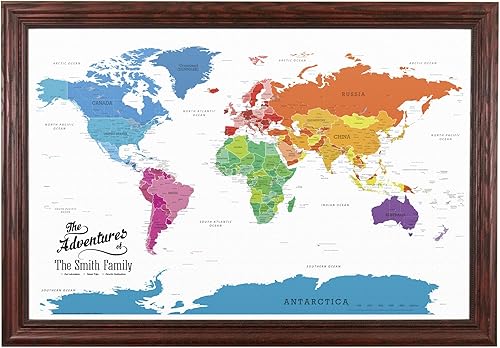 Vista 47 de Lienzo - Mapa de viaje personalizado con diseño colorido del mundo con marco negro rústico