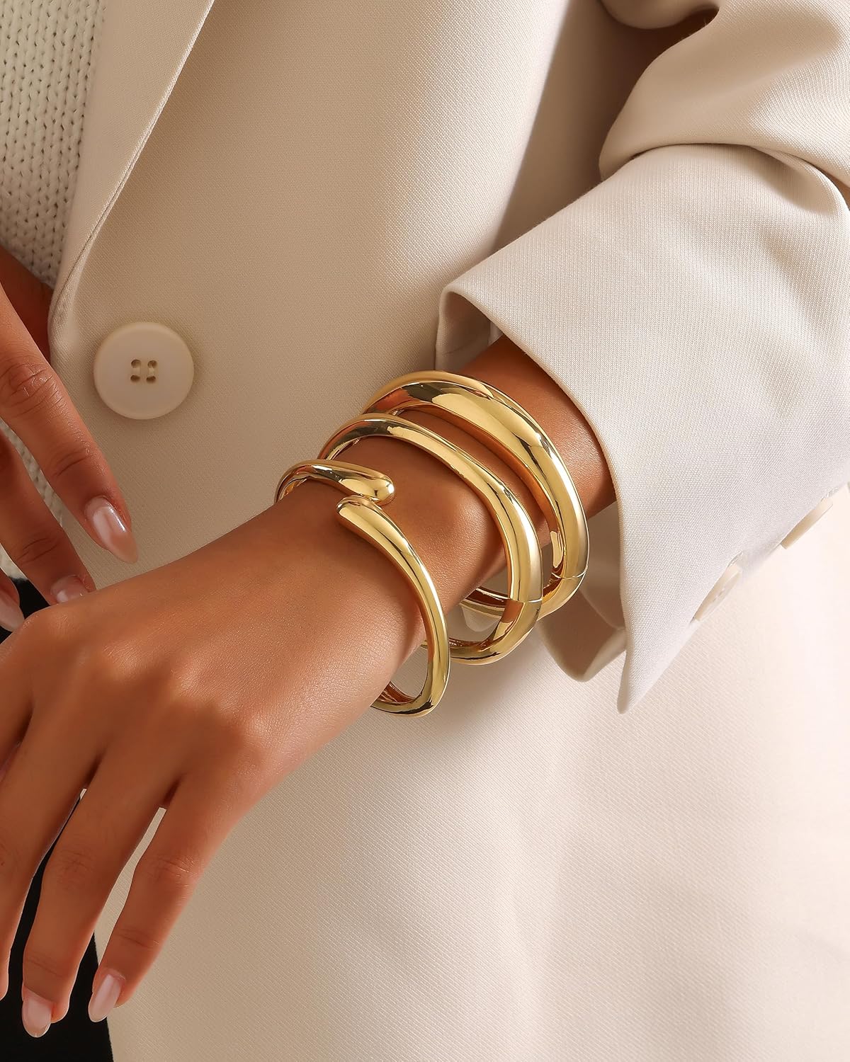 3Pcs Gold Bangles Bracelets for Women,14K Gold Plated Hinged Opened Chunky Thick Gold Bracelet Stack Cuff Bracelets Statement Jewelry Set for Women - Image 2