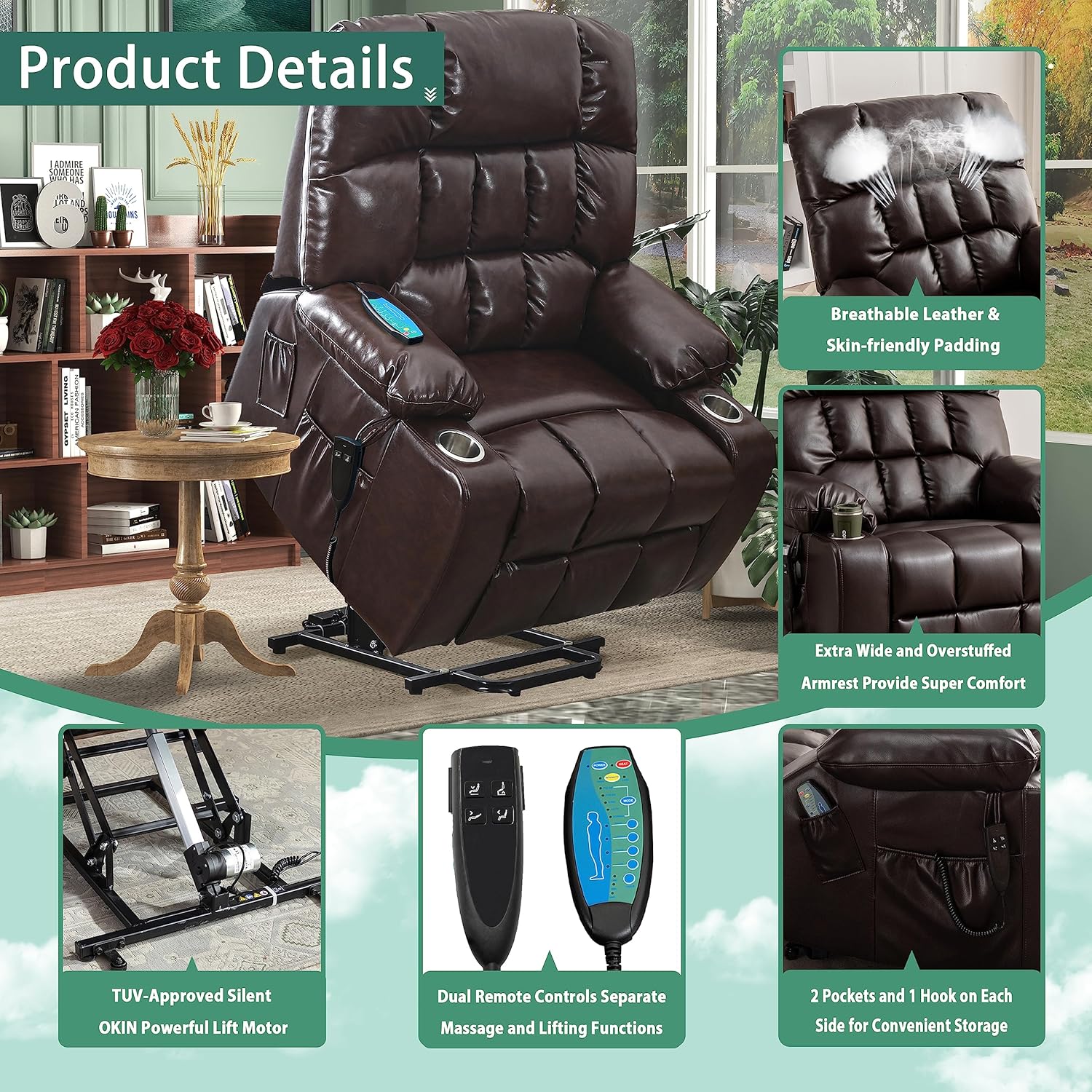 Lift Recliner for Big and Tall Seniors: 9688Plus Lay Flat, Sea Island Cotton Lift Chair with Heat and Massage, Reclining to 180, Dual OKIN Motors - Breathable Leather - Reddish Brown