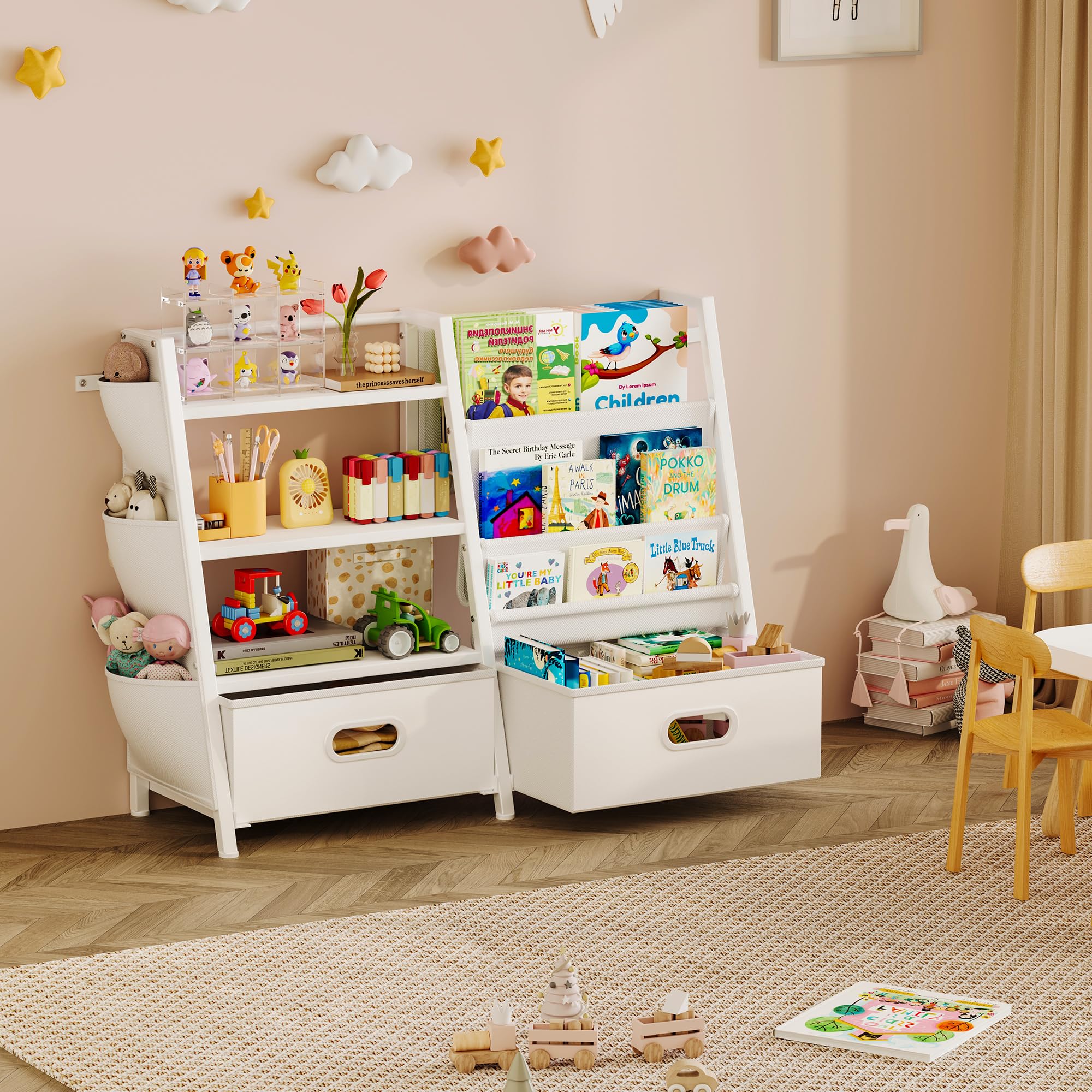 Estantería infantil y organizador de almacenamiento de juguetes, estantería de 3 niveles para niños, estantería con honda y 2 contenedores de juguetes, estante para libros para habitaciones de 6