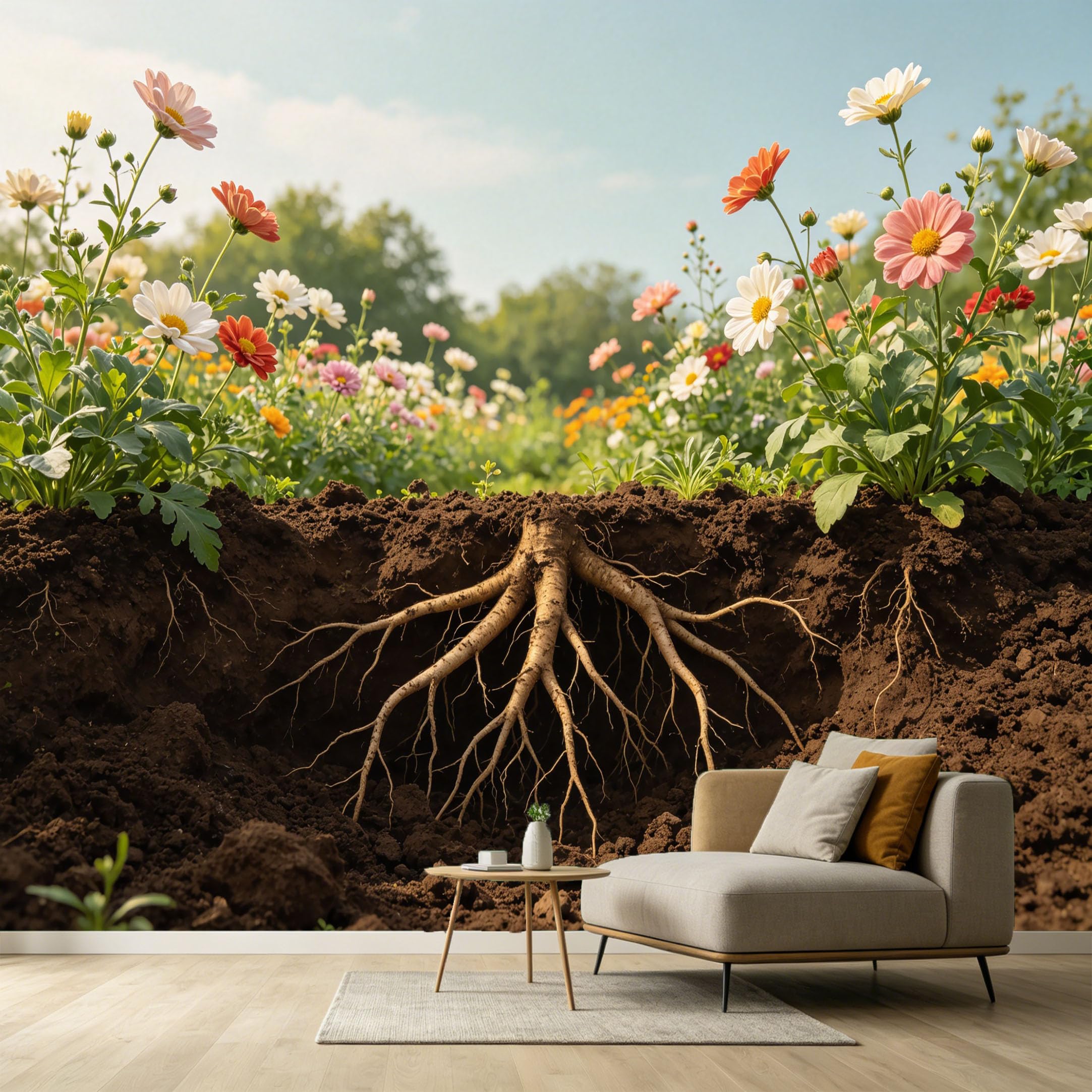 Custom Size Wall Murals Botanical Wildflowers Roots Soil CrossSection Landscape SelfAdhesive Wall Fabric Removable Large Wallpaper for Photo Living Room