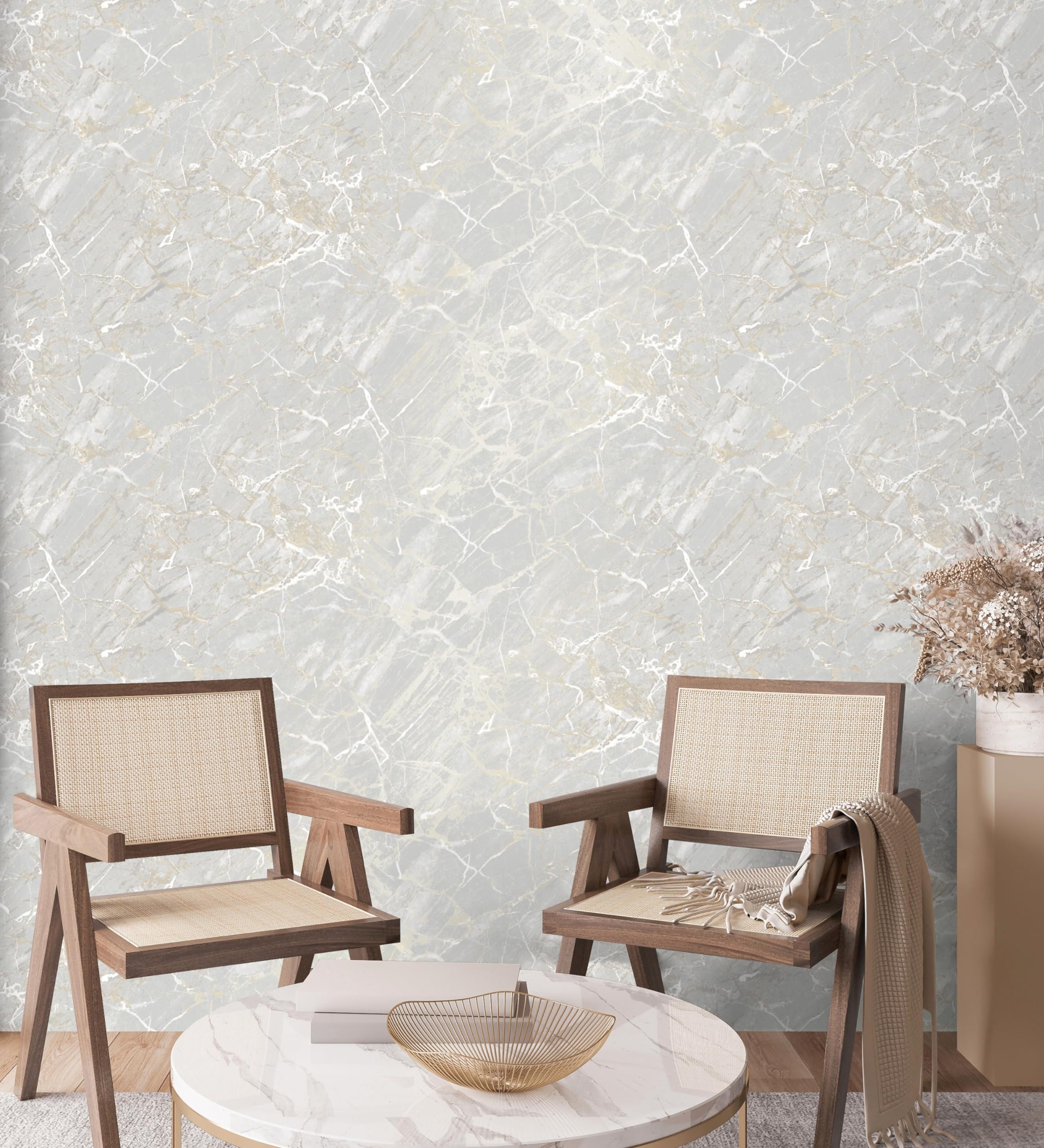 GAULAN 682383 - Papel pintado con efecto mármol gris claro con betas color champagne metalizado para pared salón dormitorio pasillo comedor - Rollo de 10 m x 0,52 m