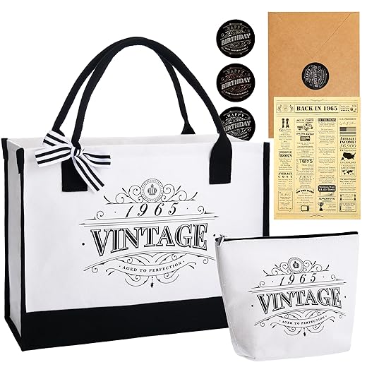 Crisky 60th Birthday Gifts for Women Canvas Tote Bag Vintage 1963 Beach Bag for Wife/Sister/Mom/Aunt/Friends 60th Birthday Gifts,17" x 12" x 7"
