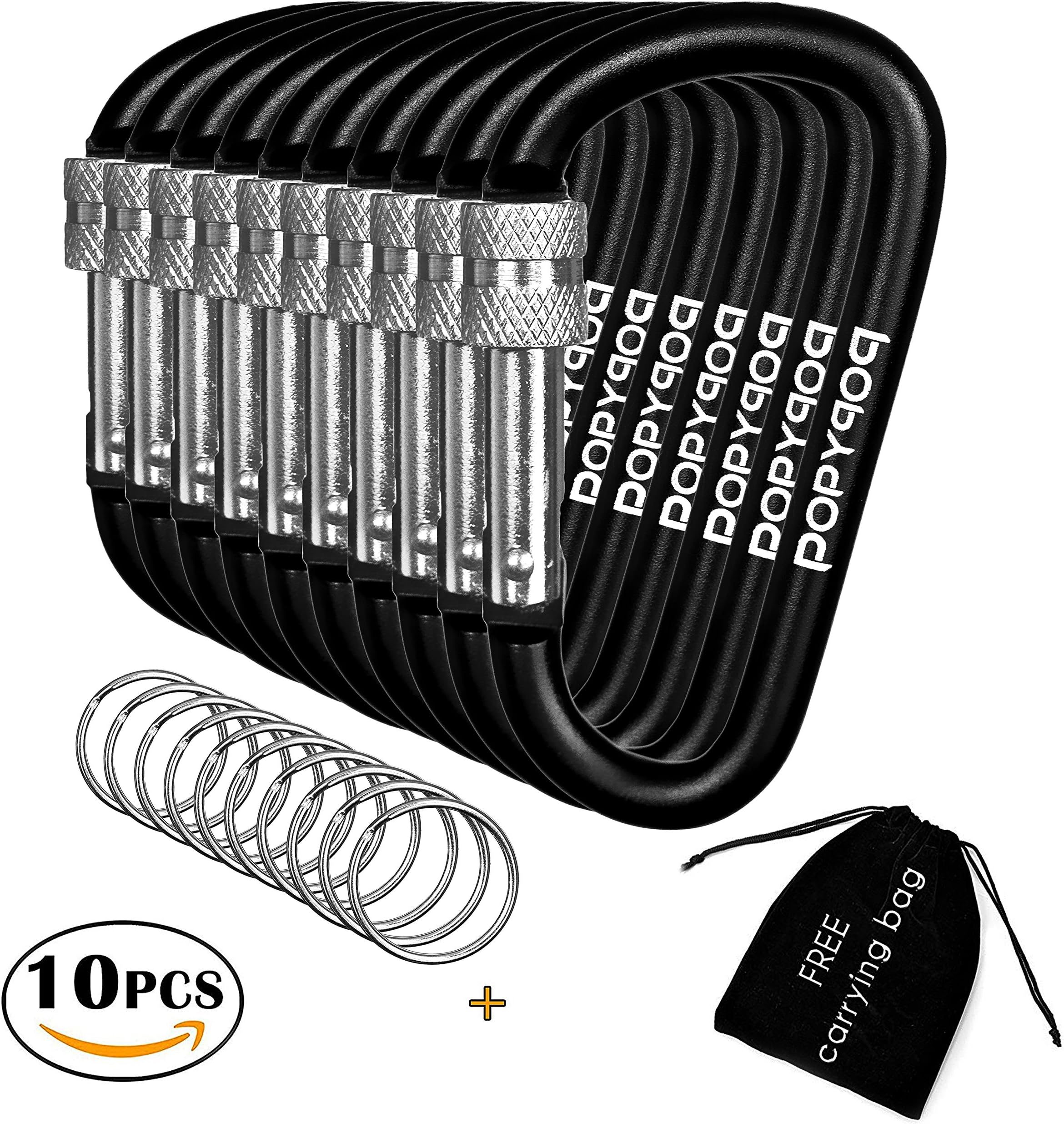 Locking carabiner with Keyring 10PCS + FREE carrying bag 6cm Small Mini Black Keychain Clip Carabiner with Screw Lock for Keys. Perfect for Outdoor / Camping / Hiking / Traveling / Fishing / Backpack and other Adventures