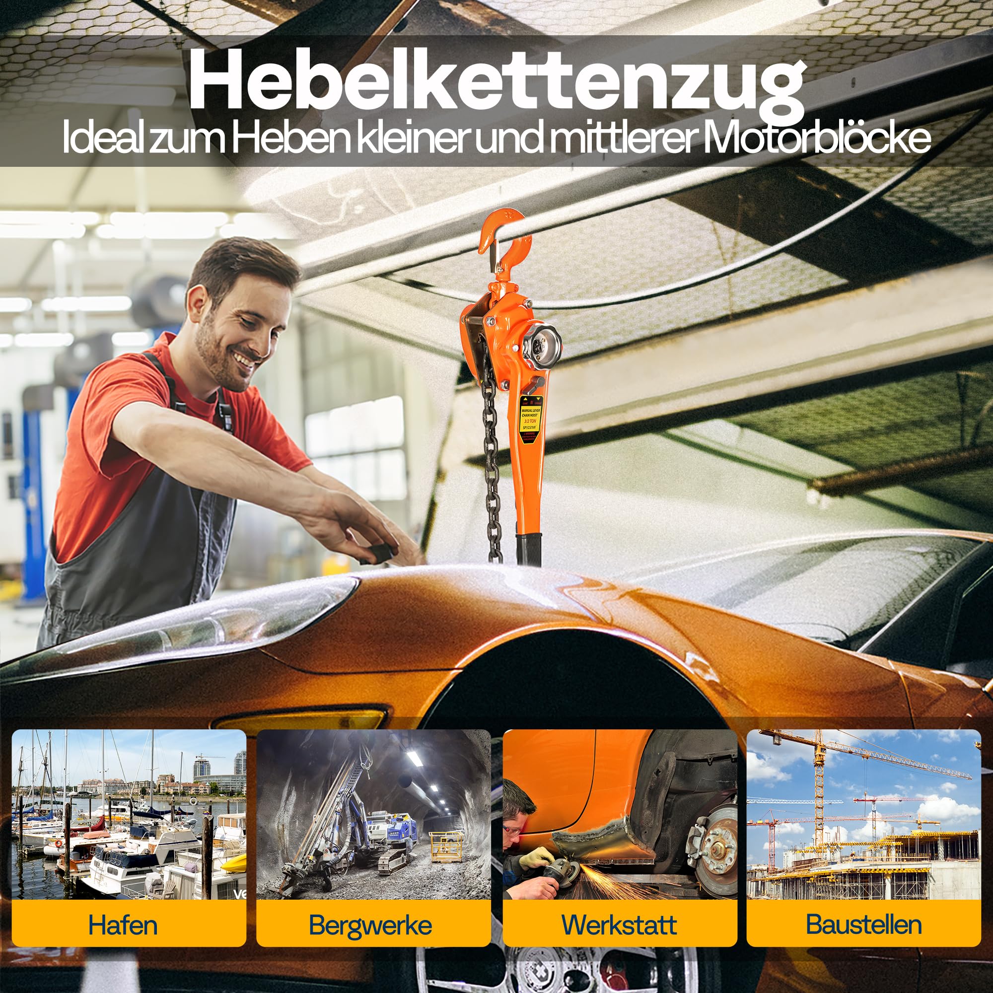 SPECSTAR Hebelzug 1500kg Manueller Kettenzug 360° drehbarer Haken G80 Manganstahl 3m Hubhöhe