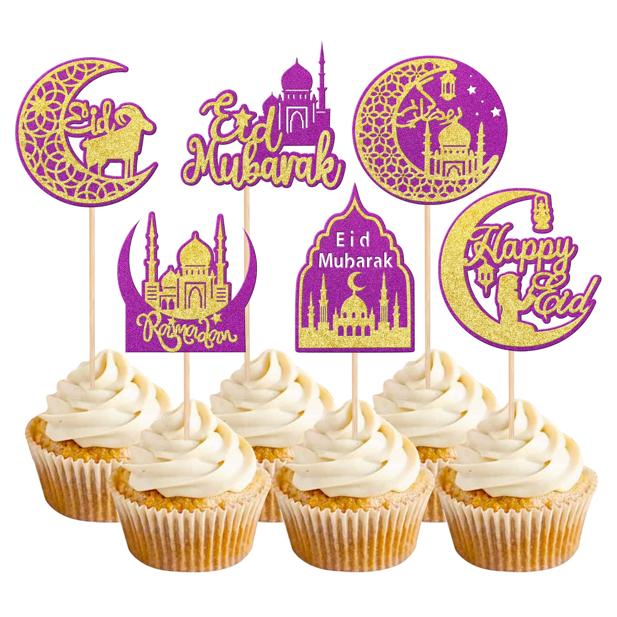 Eid Mubarak Cake Topper, 24 PCS Decorazione Torta Eid Mubarak, Ramadan Topper per Cupcake, Eid Mubarak Glitter Cupcake Topper, Topper Cupcake Luna e Stelle per la Festa dell'Eid (B