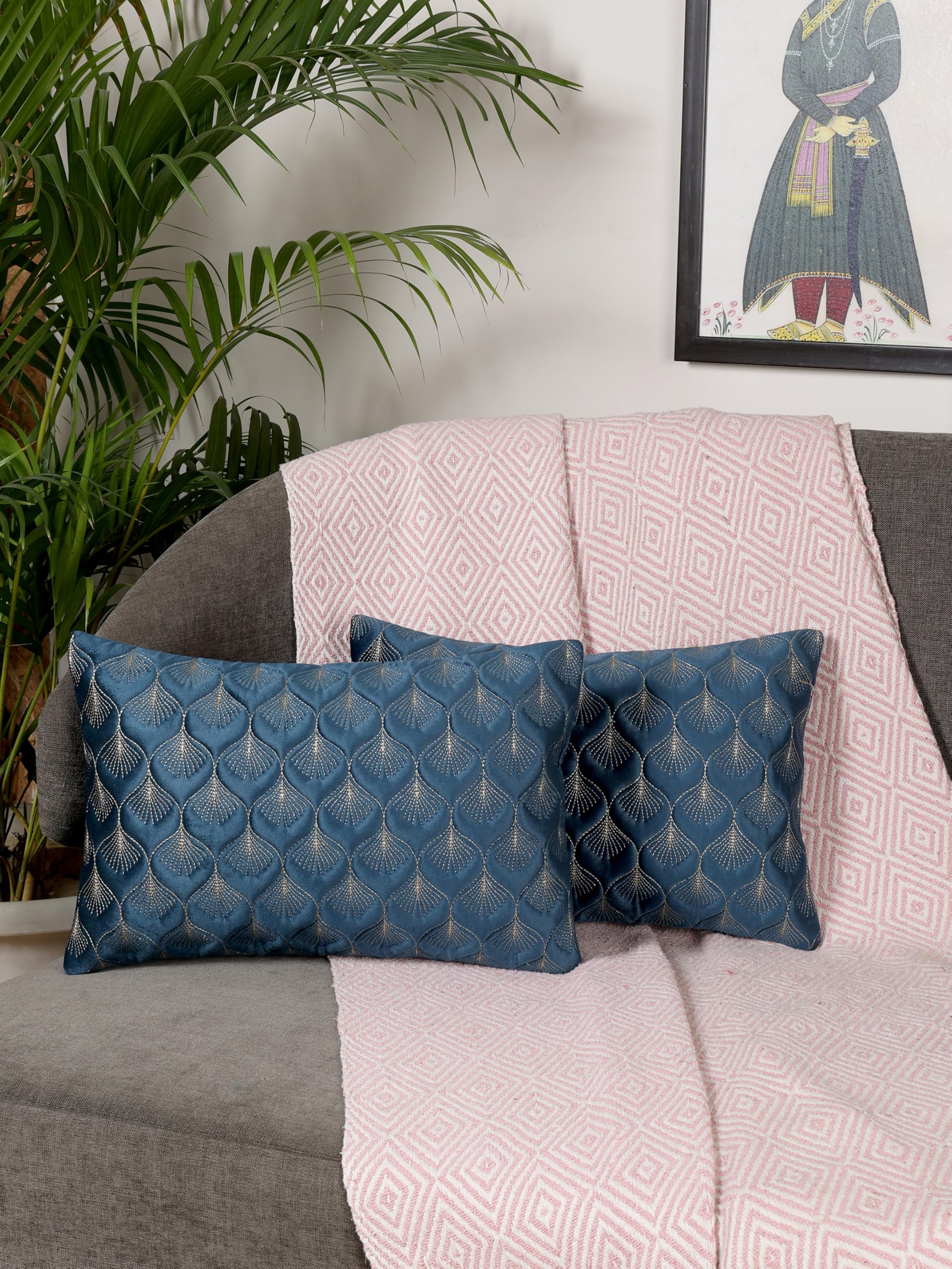 MONKDECOR Elegant Velvet Rectangle Cushion Covers 12x18 – Throw Pillow Covers with Feather Pattern Embroidery – Blue Color, Pack of 2 for Home Decor-image-38