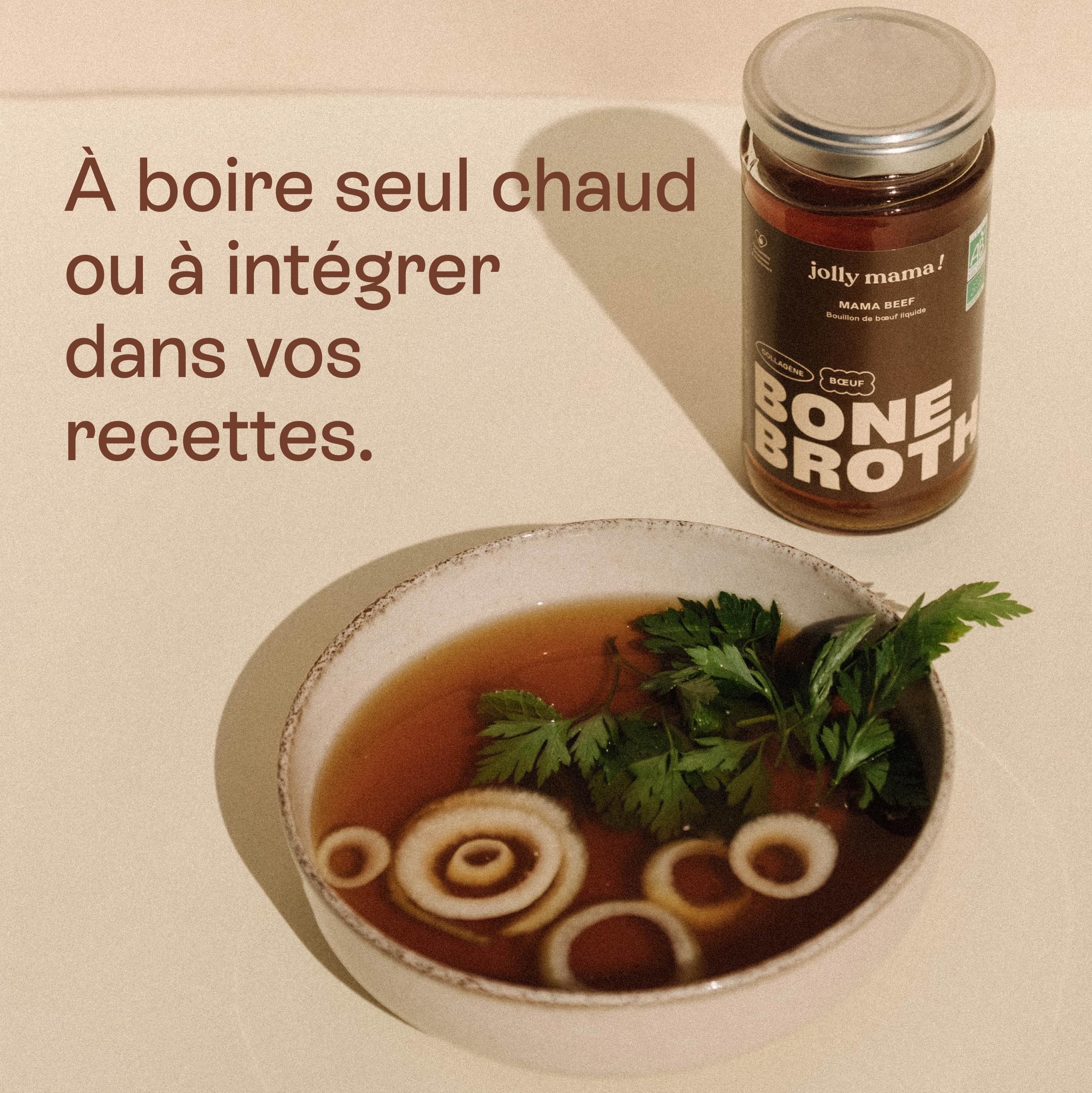 Jolly mama! Mama Beef | Bouillon de Boeuf Bio | Riche en Collagène | Idéal en Postpartum | Cuisson Douce Pendant 24 heures | Alternative Liquide à Collagène Poudre | Fabriqué en France | 6 X 240 ml