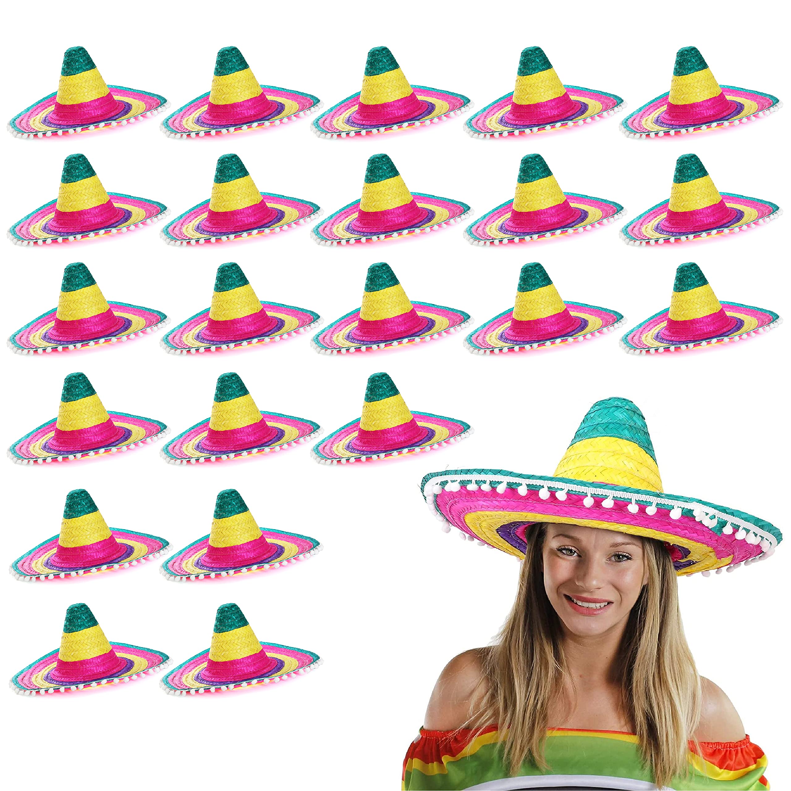 Adults Sombrero Hats - Pack of 24 - Multicoloured Mexican Sombreros with White Pompom Details - Mens Ladies Mexican Cinco De Mayo Fiesta Fancy Dress Costume Accessory