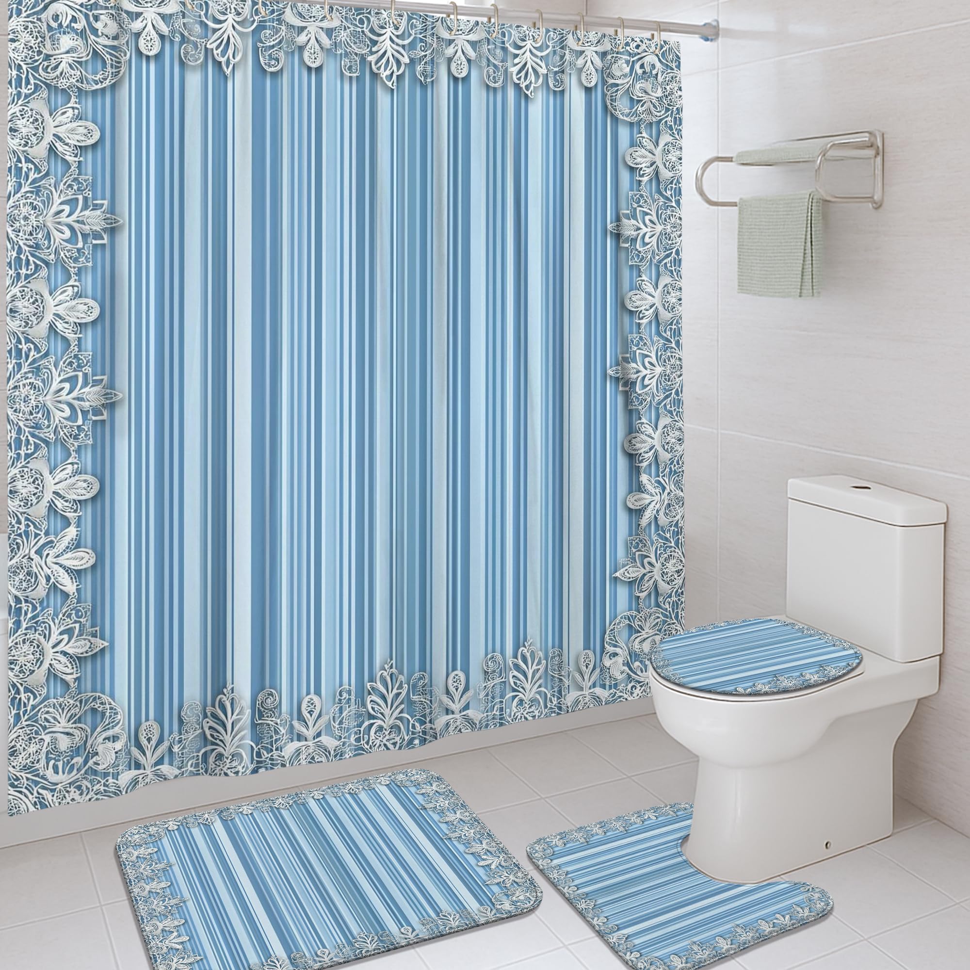 Rideau de douche anti-moisissure à rayures florales bleues avec tapis pour décoration studio