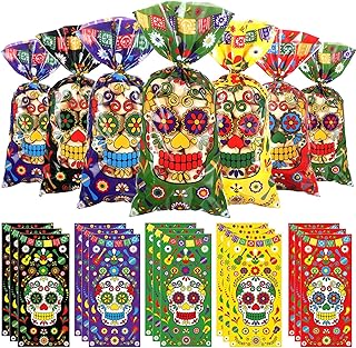 100 Pcs Mexican Candy Bags Plastic Fiesta Party Favors Bags with 100 Golden Twist Ties, Cinco De Mayo Treat Bag Mexican Gift Bag for Cinco De Mayo Favor Mexican Party Day of The Dead Supplies Decor