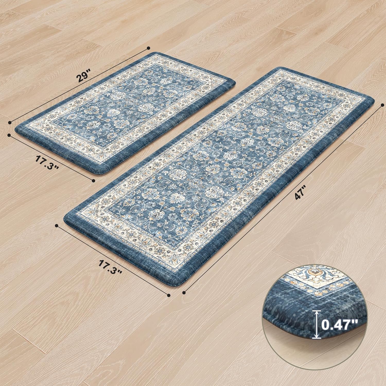 KIMODE Anti Fatigue Kitchen Mats 17.3" x 47"+17.3" x 29", Boho Blue Kitchen Rugs Sets of 2, Non Slip Waterproof Kitchen Floor Mats, Vintage Memory Foam Kitchen Mat for Sink, Laundry, Desk