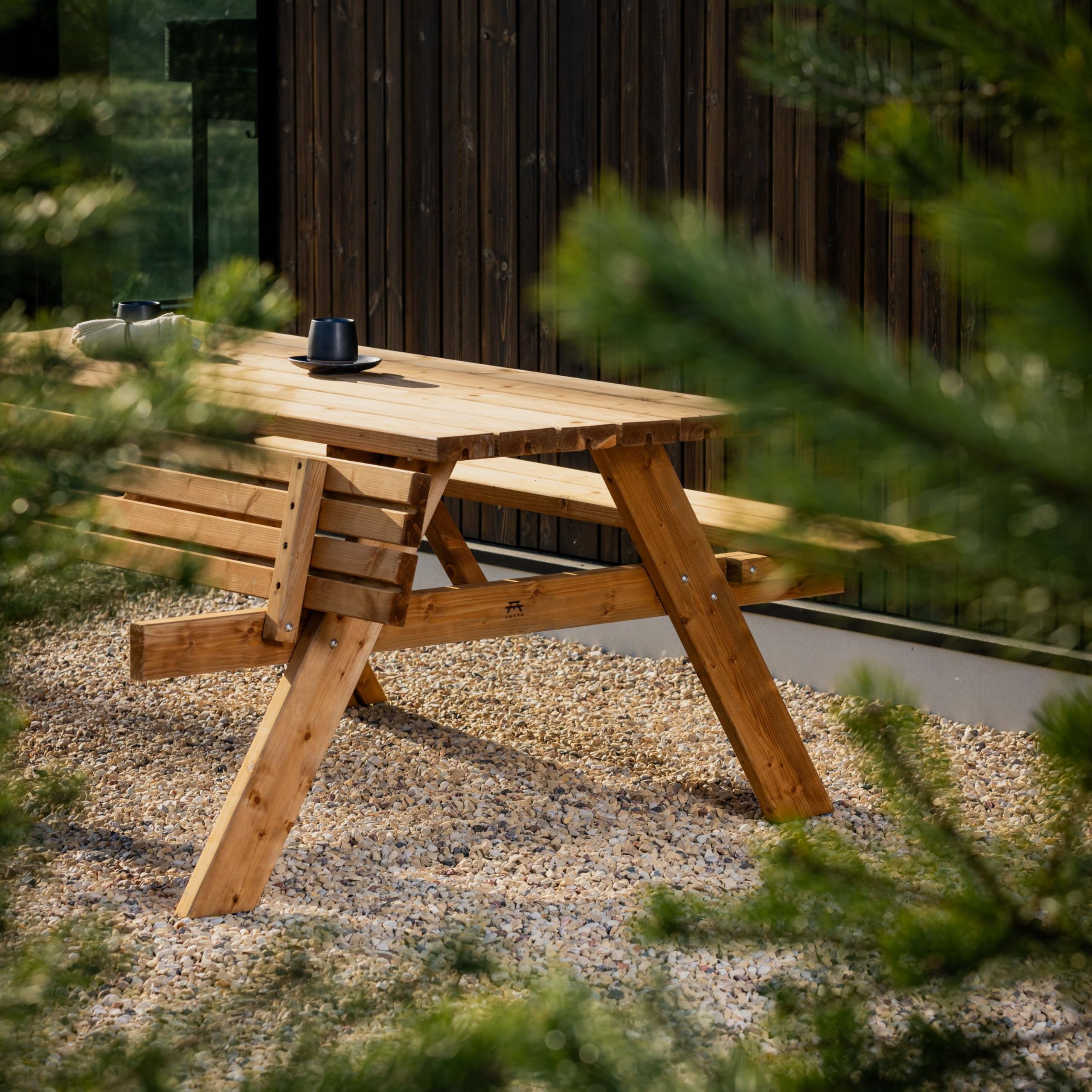 AMATA Mesa de picnic de diseño clásico con asientos plegables, colección UNGURS, mesa de picnic de madera resistente a la intemperie para exteriores, perfecta para jardín y patio (avellana oxidada)